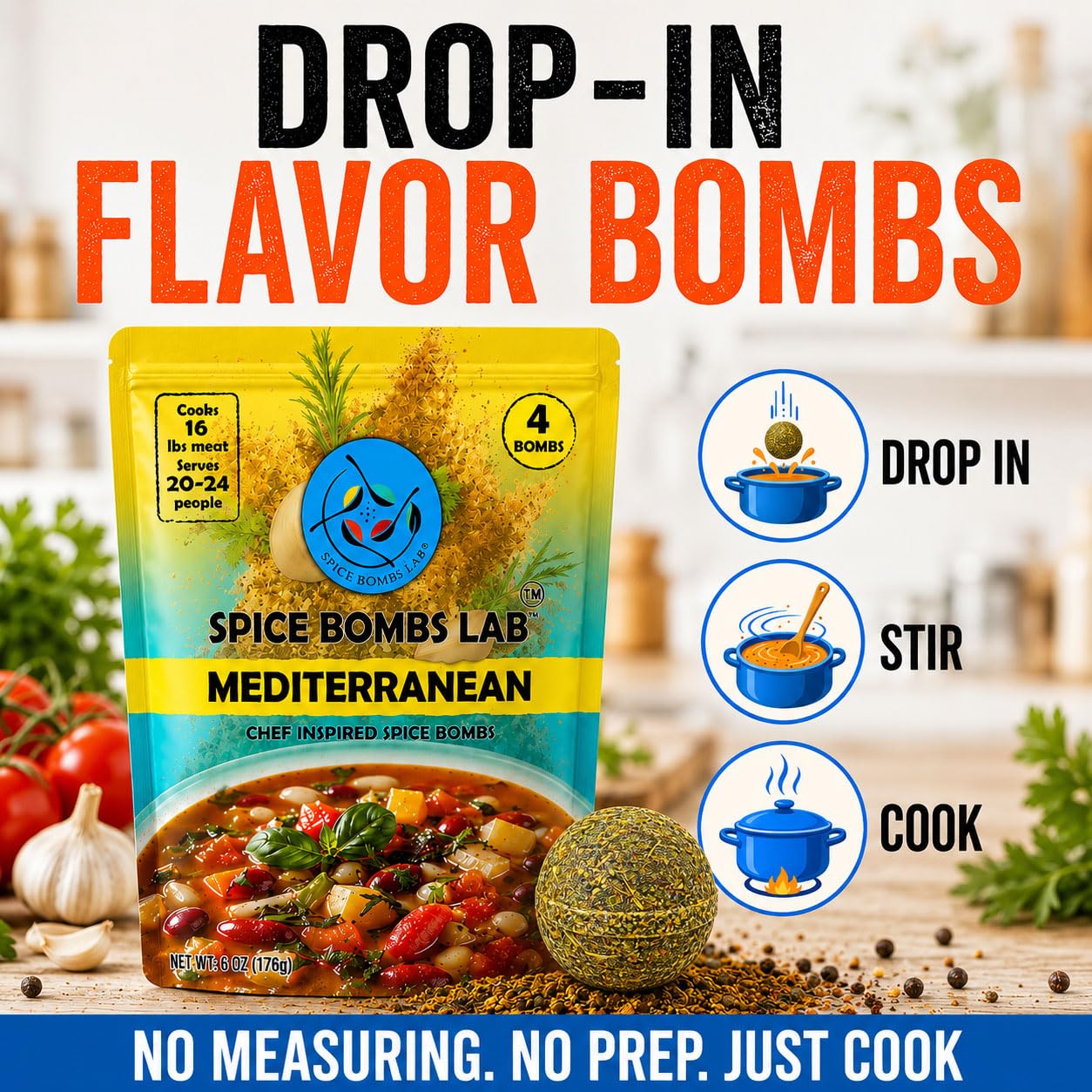 Mediterranean Spice Bombs Seasoning Pack of 4 - Chef-Crafted All-Purpose Spice Mix, Drop-In Flavor for Soups, Stews & Marinades, Pre-Portioned