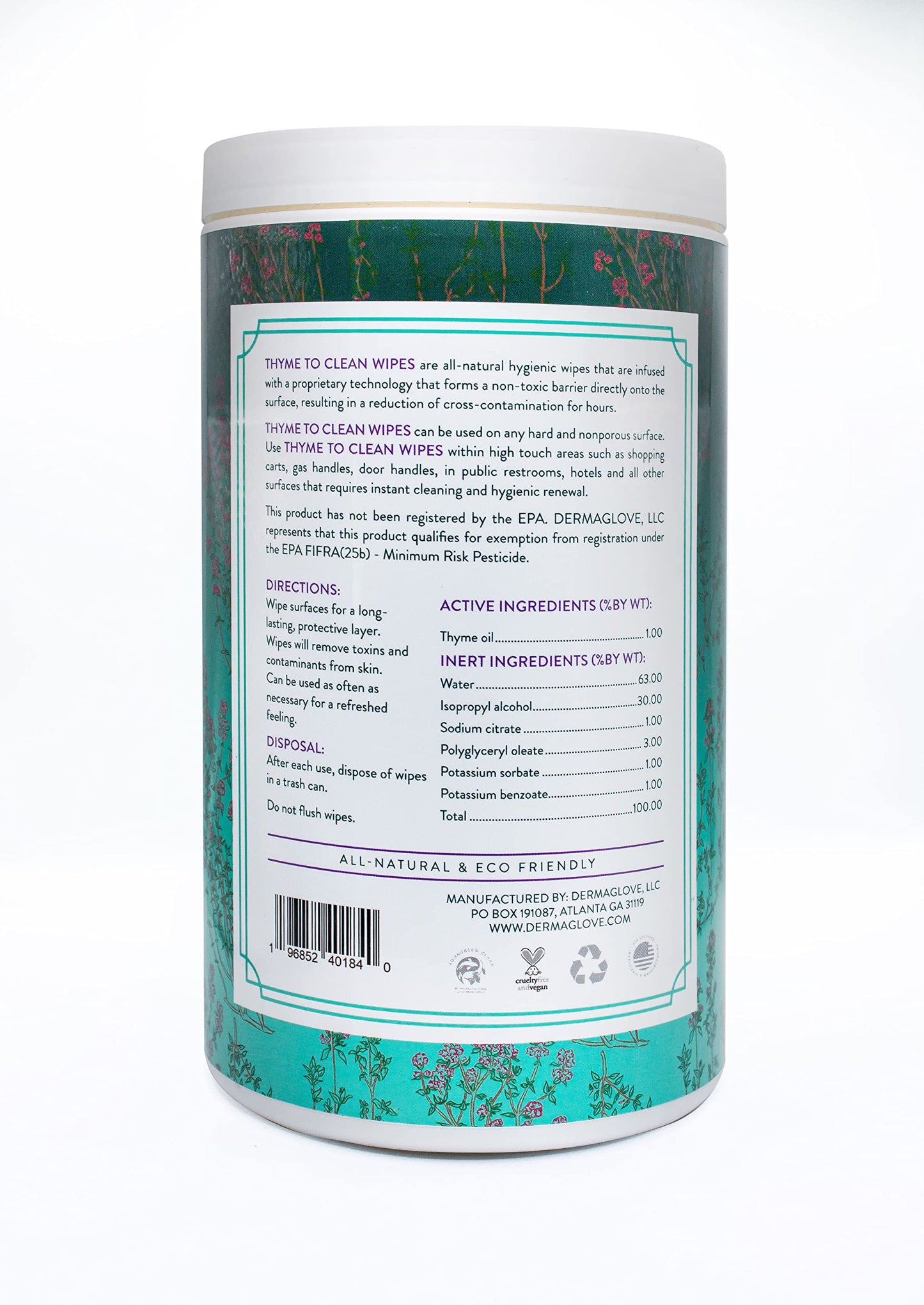 DERMAGLOVE Thyme To Clean - Skin-Safe Compostable Surface Cleaning Wipes | infused with Thyme and Vitamin A,C,E - 75 Count (Pack of 1)