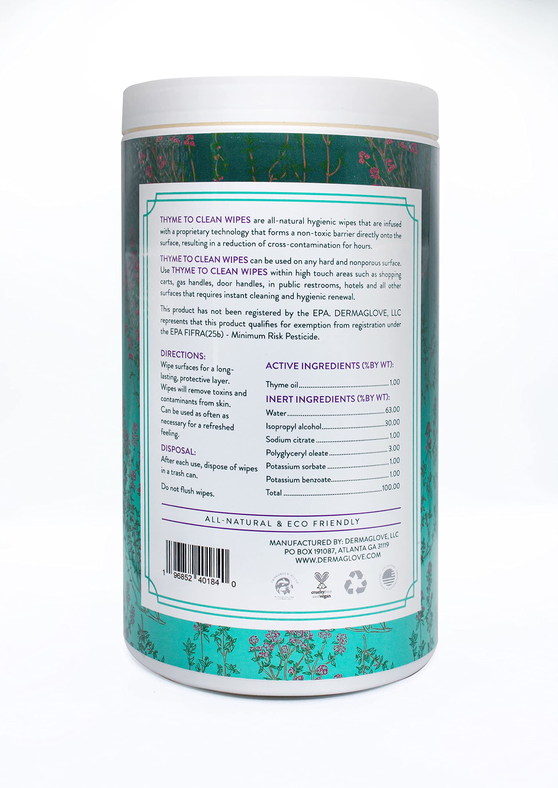 DERMAGLOVE Thyme To Clean - Skin-Safe Compostable Surface Cleaning Wipes | infused with Thyme and Vitamin A,C,E - 75 Count (Pack of 1)