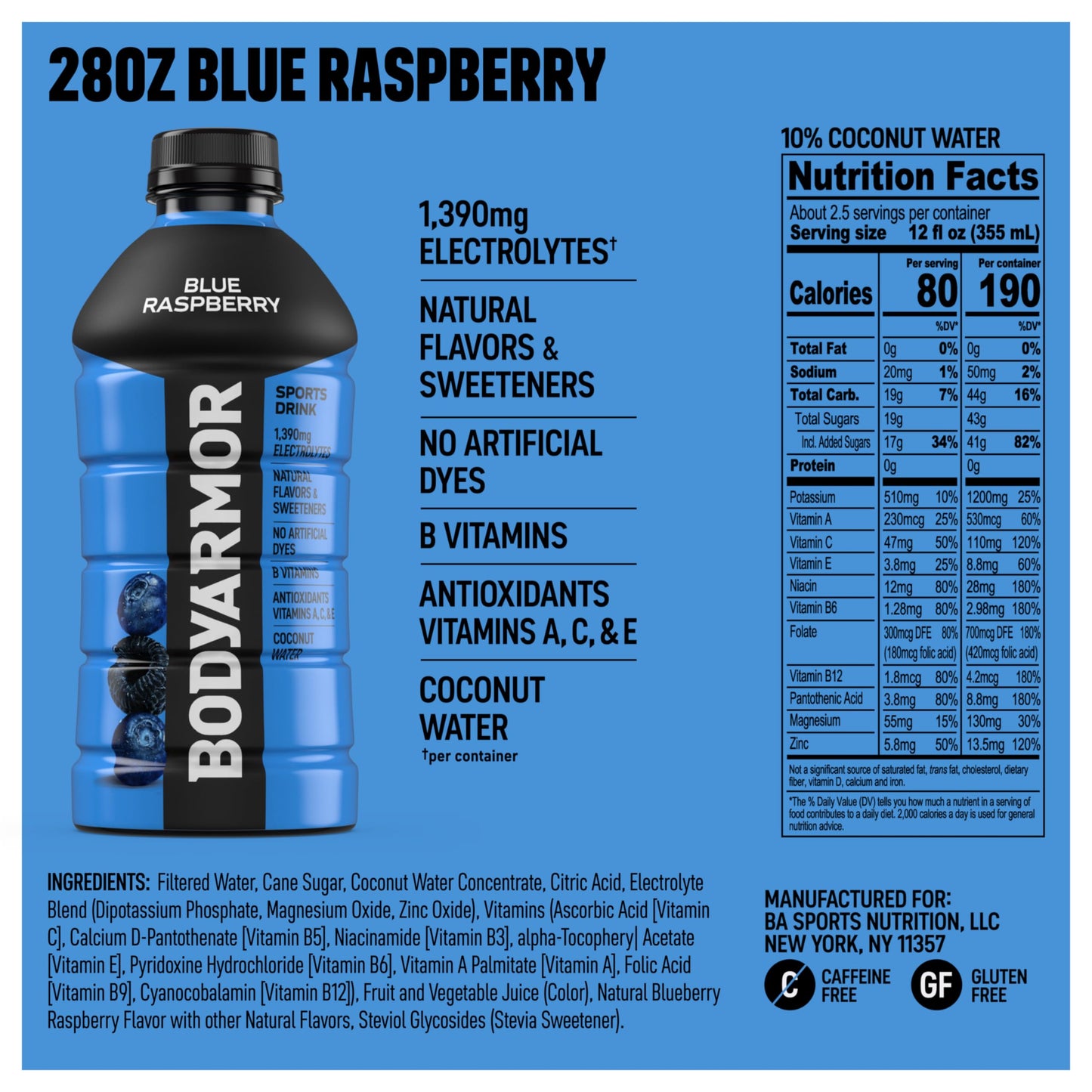 BODYARMOR Sports Drink, Blue Raspberry, Electrolyte Drink Hydration, 28 Fl Oz Bottles (15 Pack), Flavored Coconut Water with B Vitamins & Antioxidants