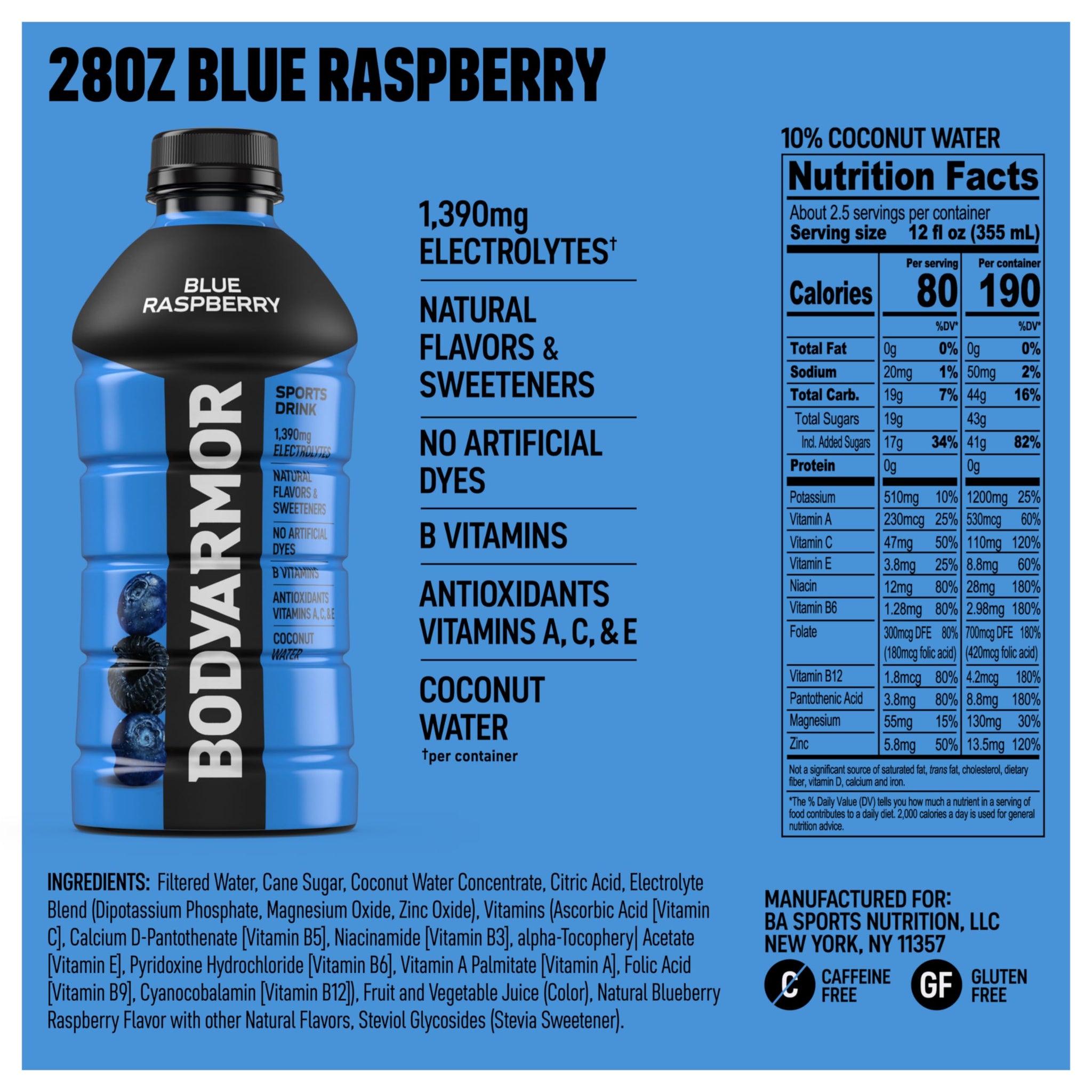 BODYARMOR Sports Drink, Blue Raspberry, Electrolyte Drink Hydration, 28 Fl Oz Bottles (15 Pack), Flavored Coconut Water with B Vitamins & Antioxidants