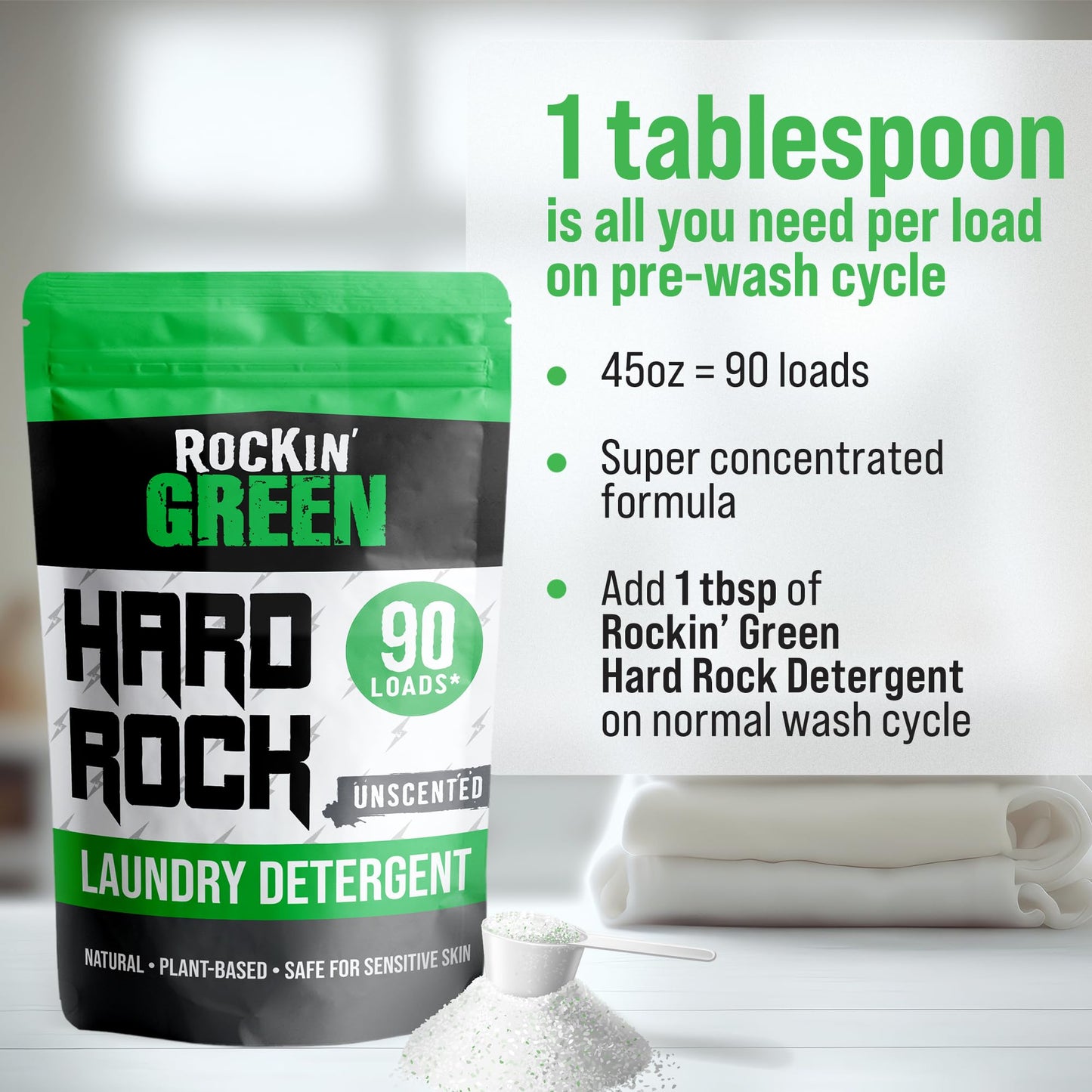 Rockin' Green Hard Rock Laundry Detergent for Hard Water (90 Loads), Plant based, Natural Laundry Detergent Powder, Biodegradable Odor Fighter, Safe