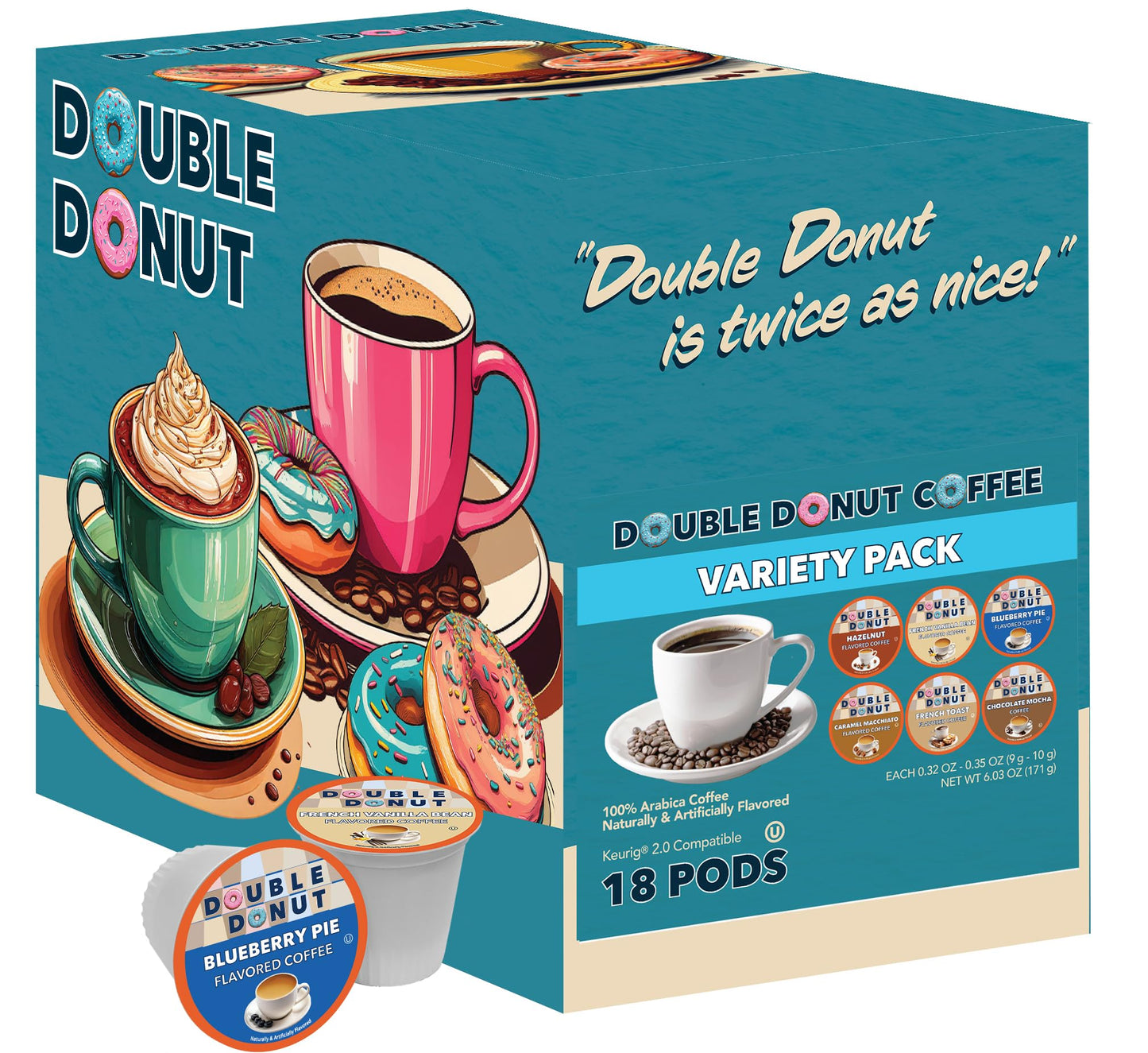 Double Donut Coffee Flavored Coffee Variety Pack, Includes Hazelnut, Caramel, Chocolate Coffee & More, Single Serve Pods for Keurig K Cups Machines