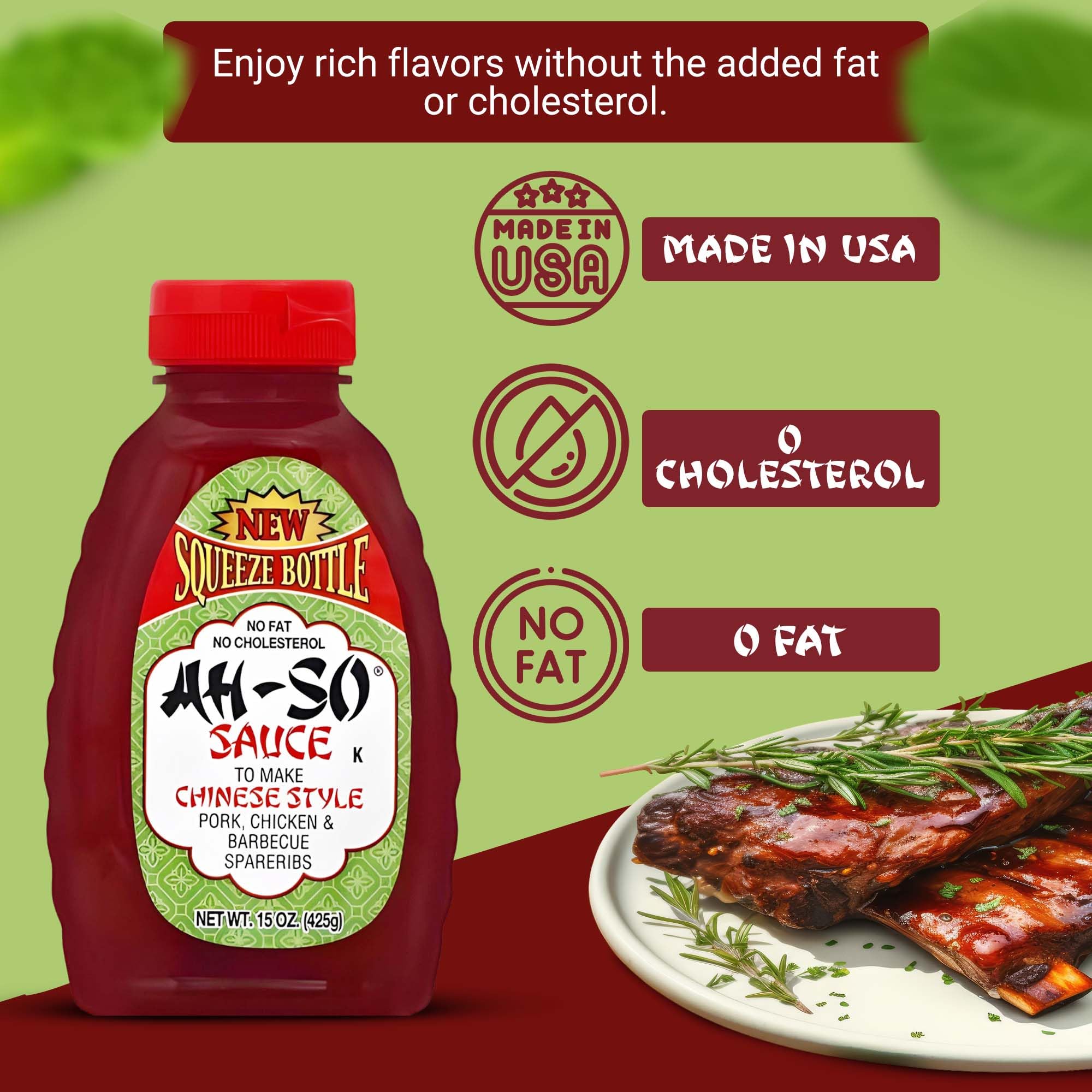 Ah-So Chinese-Style BBQ Sauce, Red Rib 15 oz Squeeze Bottle - Sweet & Tangy Spare Rib Marinade and Glaze for Pork, Chicken & Wings; Classic Takeout
