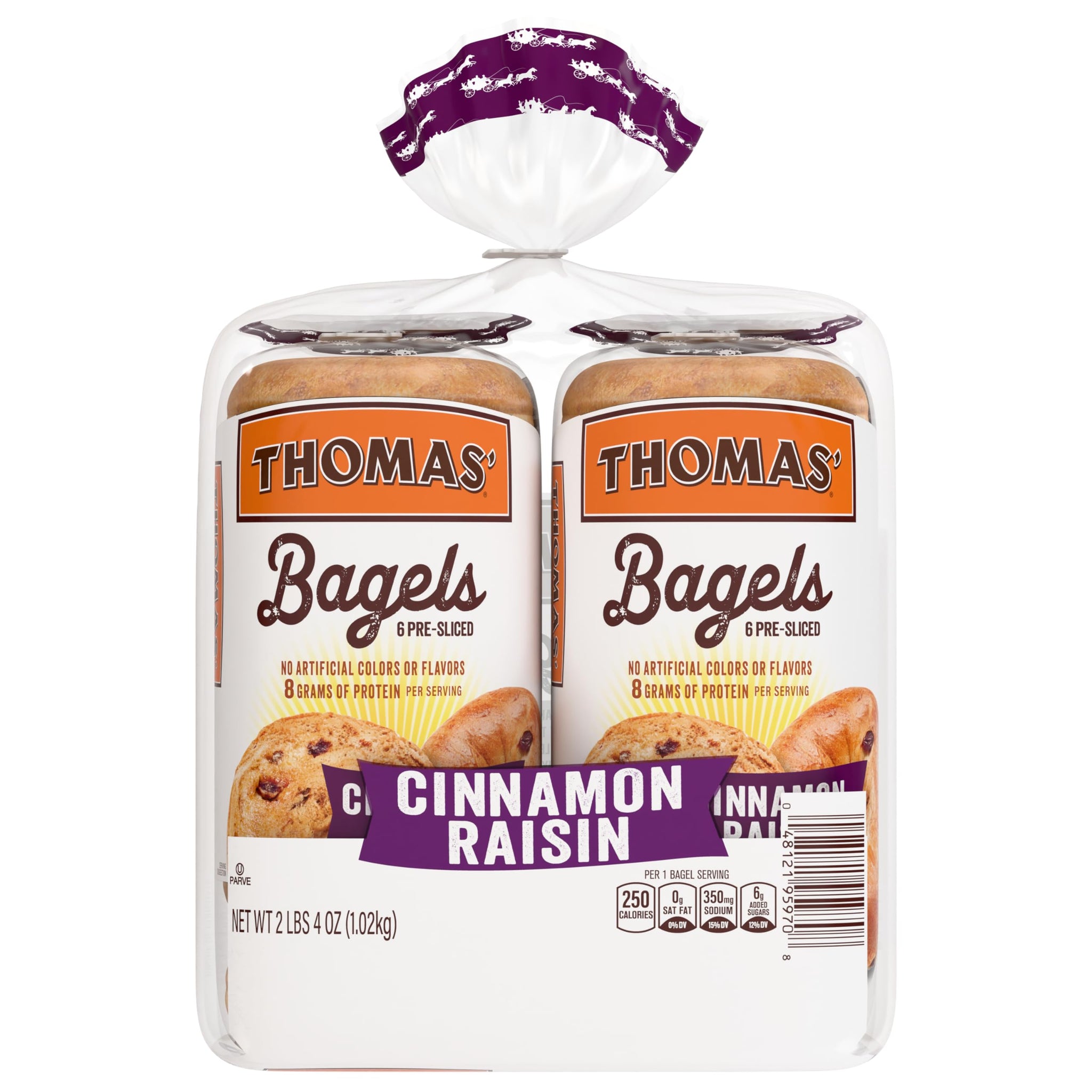 (Club Pack) Thomas' Cinnamon Raisin Bagels, 2 individual packs, (18.0 oz each), 9g Protein, Kosher Bagels, 36 oz Multipack