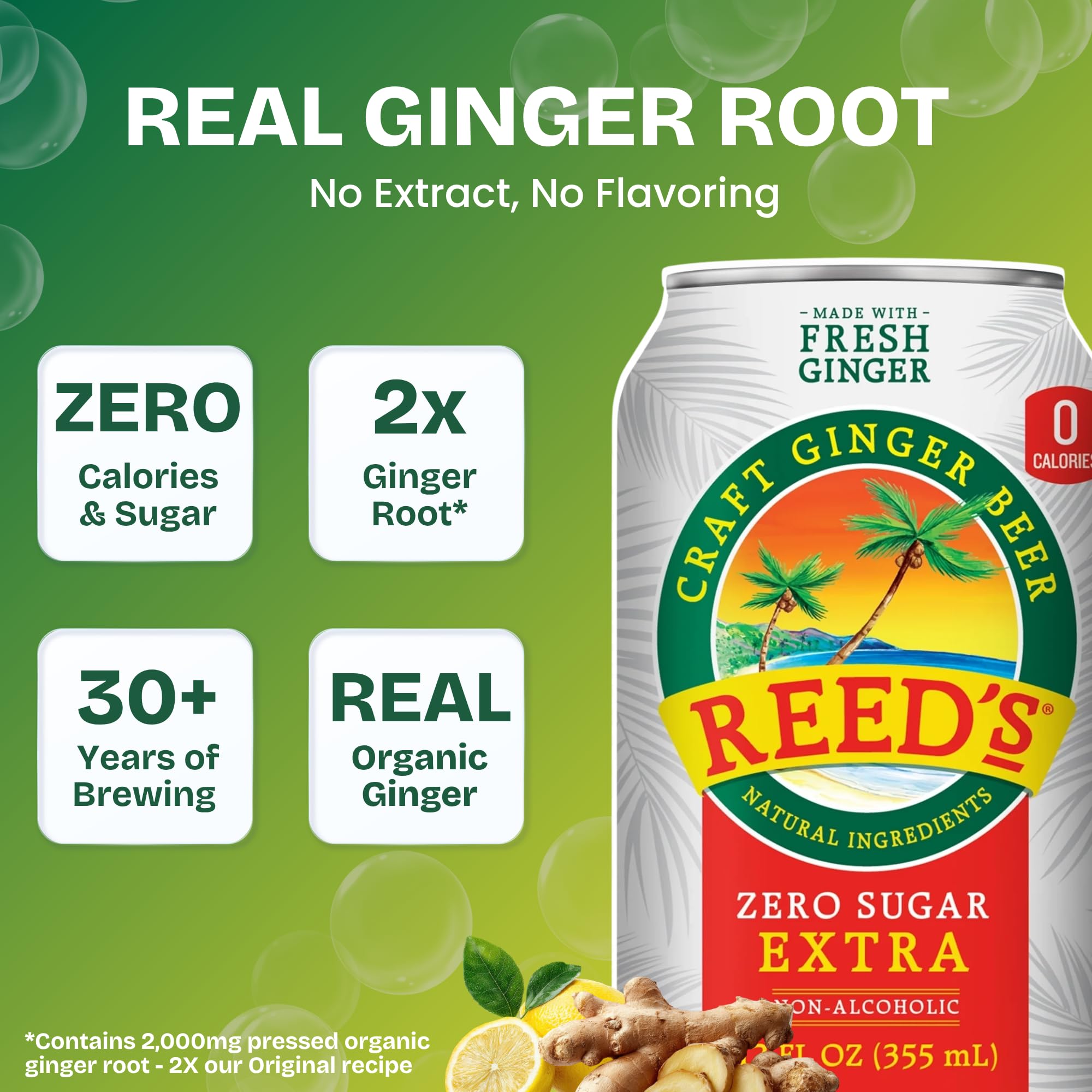 Reed's Zero Sugar Extra Ginger Beer, Pack of 4 (12fl oz Can each) - Non-Alcoholic Jamaican Real Ginger Brew, Sweetened w/Stevia - Ideal Moscow Mule