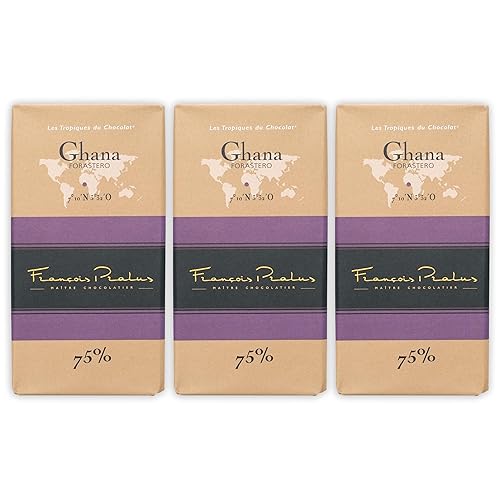 François Pralus Ghana 75% Dark Chocolate 3 Pack - French Chocolate - Bean-to-Bar, Direct Trade - Vegan, Soy-Free - Bundle