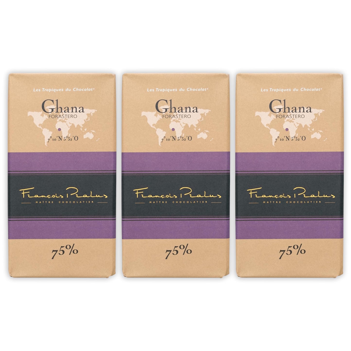 François Pralus Ghana 75% Dark Chocolate 3 Pack - French Chocolate - Bean-to-Bar, Direct Trade - Vegan, Soy-Free - Bundle