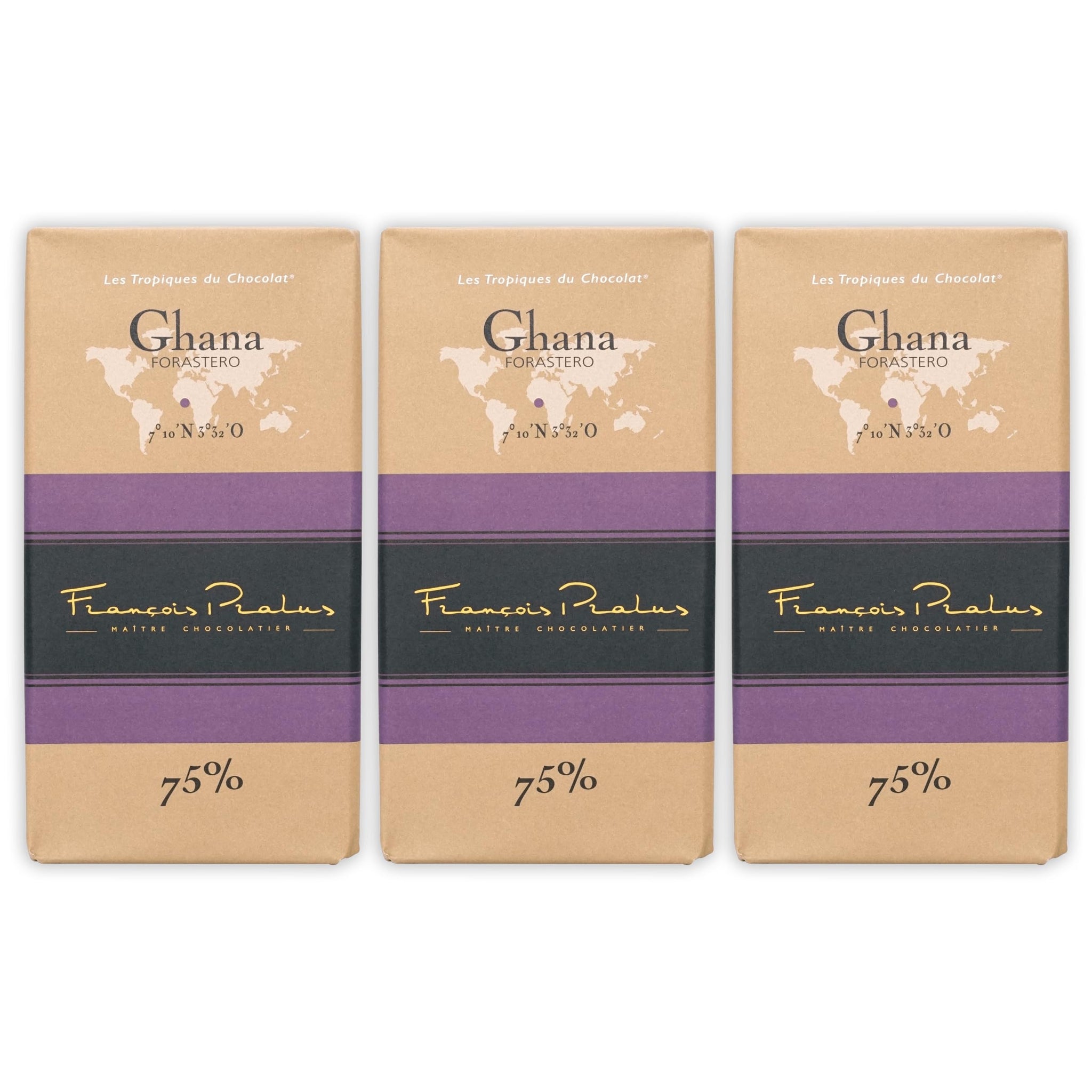 François Pralus Ghana 75% Dark Chocolate 3 Pack - French Chocolate - Bean-to-Bar, Direct Trade - Vegan, Soy-Free - Bundle