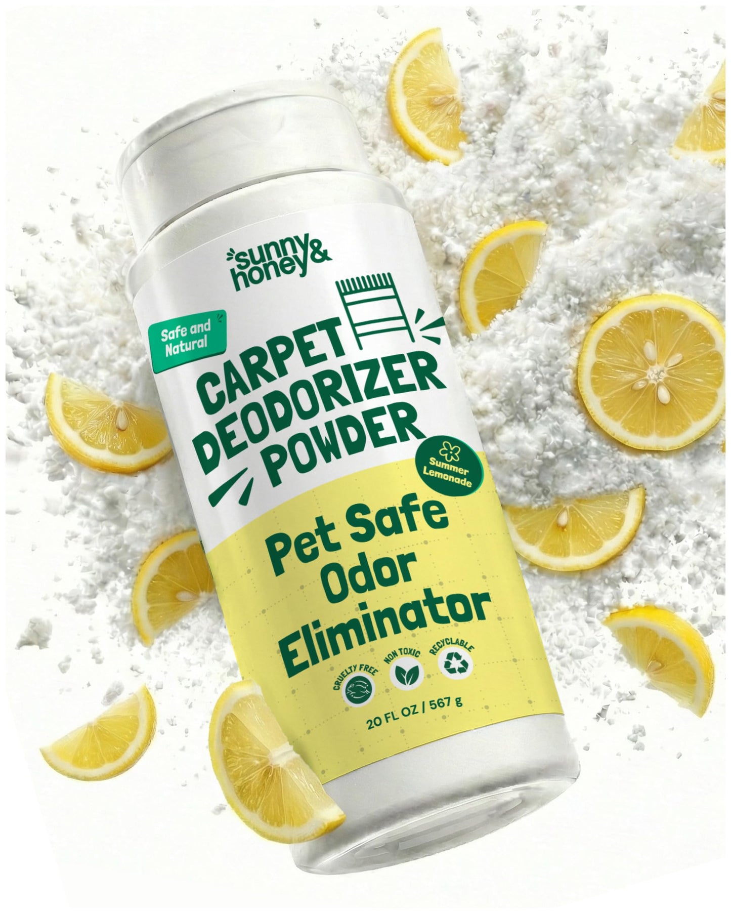 Sunny & Honey Carpet Deodorizer Powder - Pet Safe Freshener for Carpets, Pet Beds and Car Seats - Lemon Odor Eliminator for Cat Urine and Wet Dog