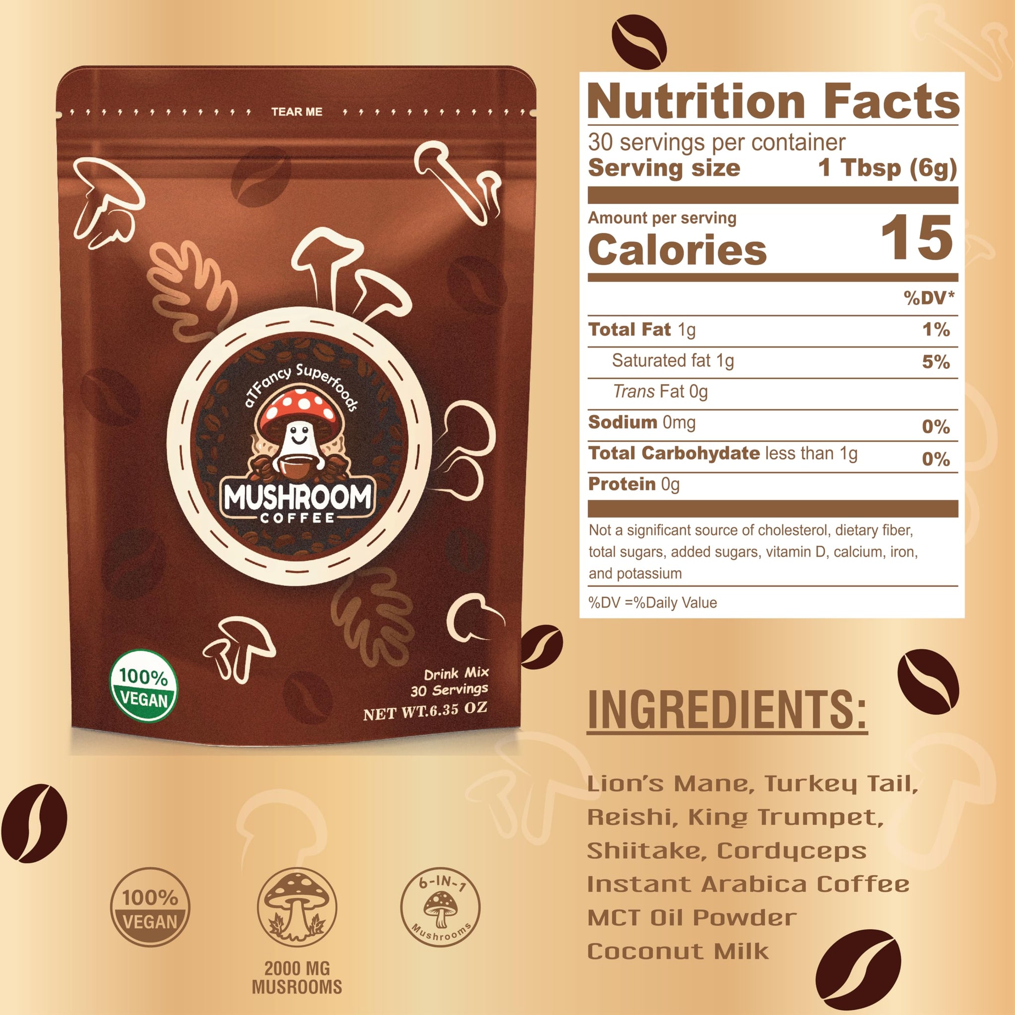 aTFancy Organic Mushroom coffee, Instant, 6 adoptogenic mushroom ingredients, (Pack of 1) 30 servings, 6.35 oz, With Spoon