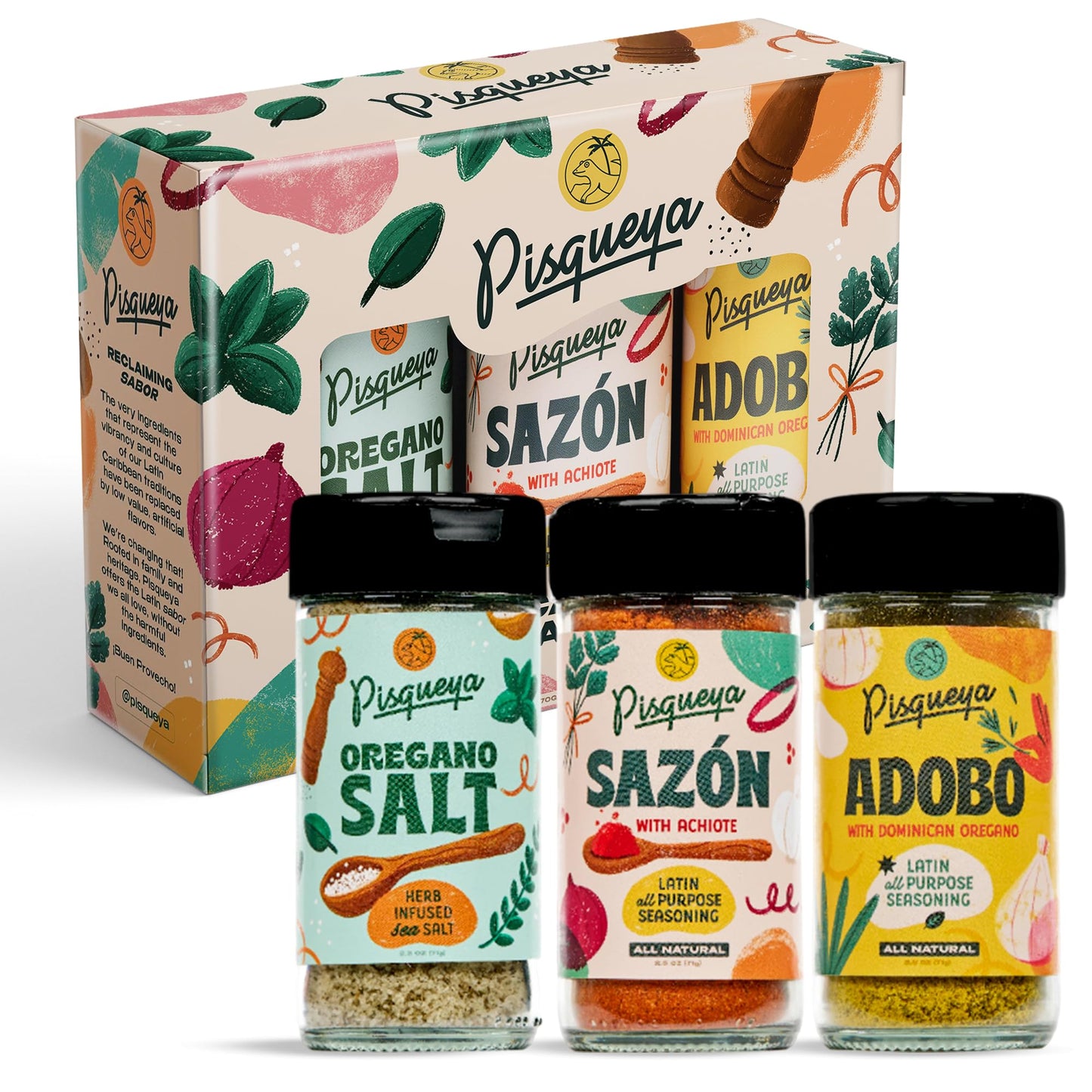 Pisqueya Latin Seasoning Gift Set, Sazon Adobo Oregano Salt, 3 Pack