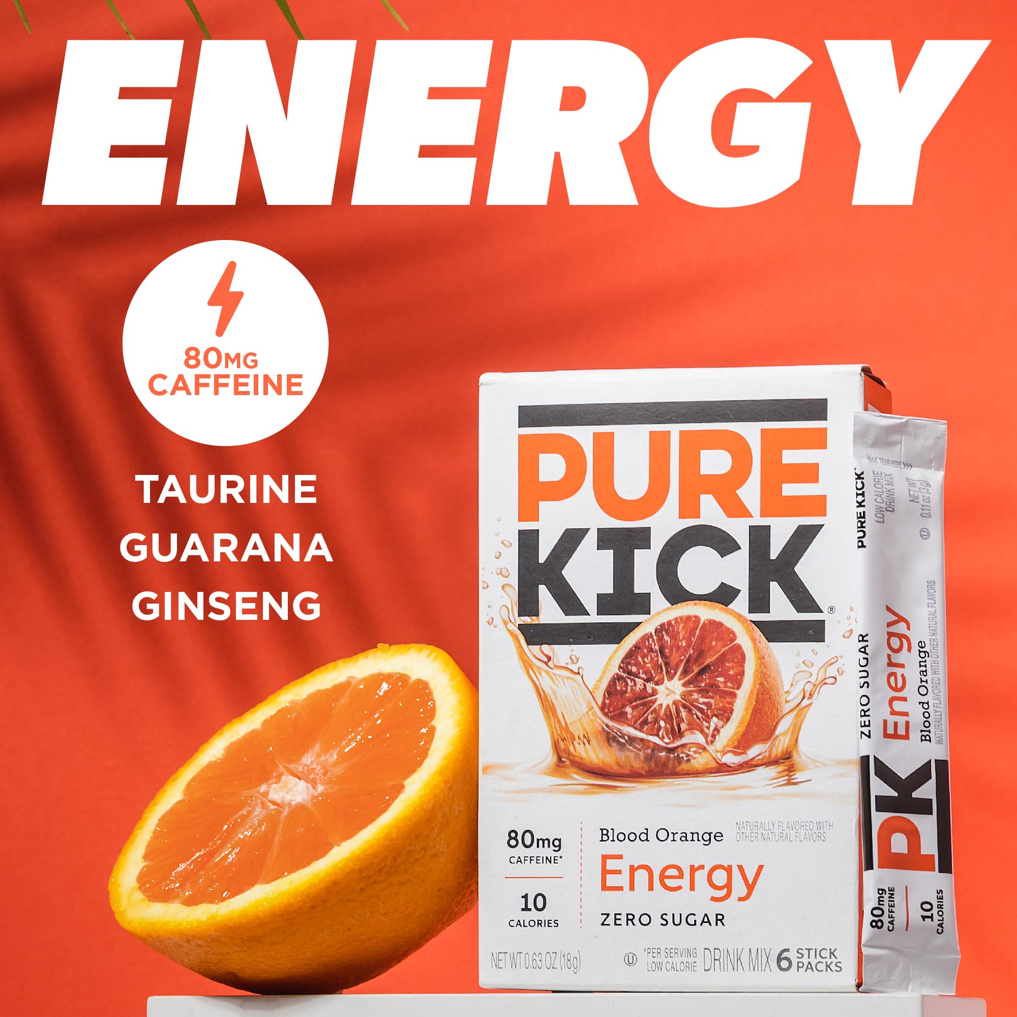 Pure Kick Energy Singles To Go Drink Mix, Blood Orange, Includes 1 Box with 6 Packets in each Box