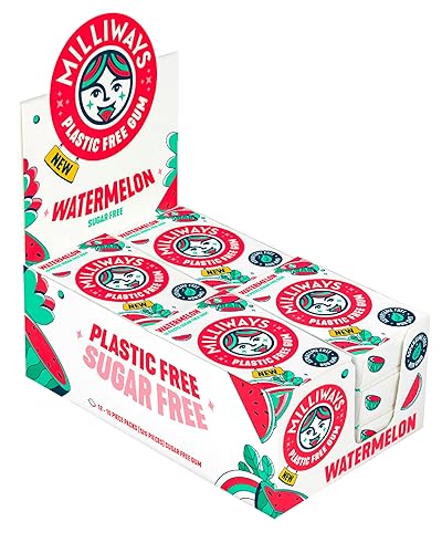 Milliways Watermelon | Plastic Free Gum | Xylitol, Aspartame-Free, Sugar-Free, Plant-Based, Natural Chewing Gum | 120 Pieces Total (12 Packs of 10