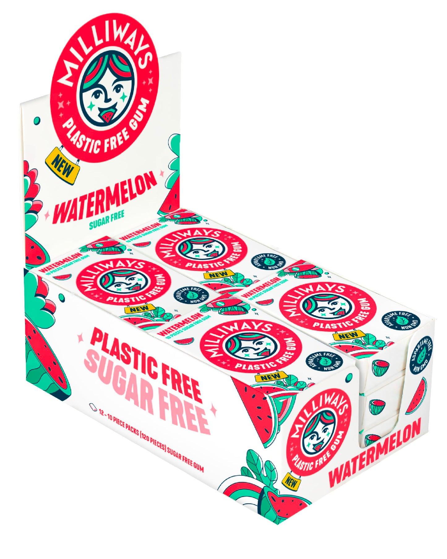 Milliways Watermelon | Plastic Free Gum | Xylitol, Aspartame-Free, Sugar-Free, Plant-Based, Natural Chewing Gum | 120 Pieces Total (12 Packs of 10