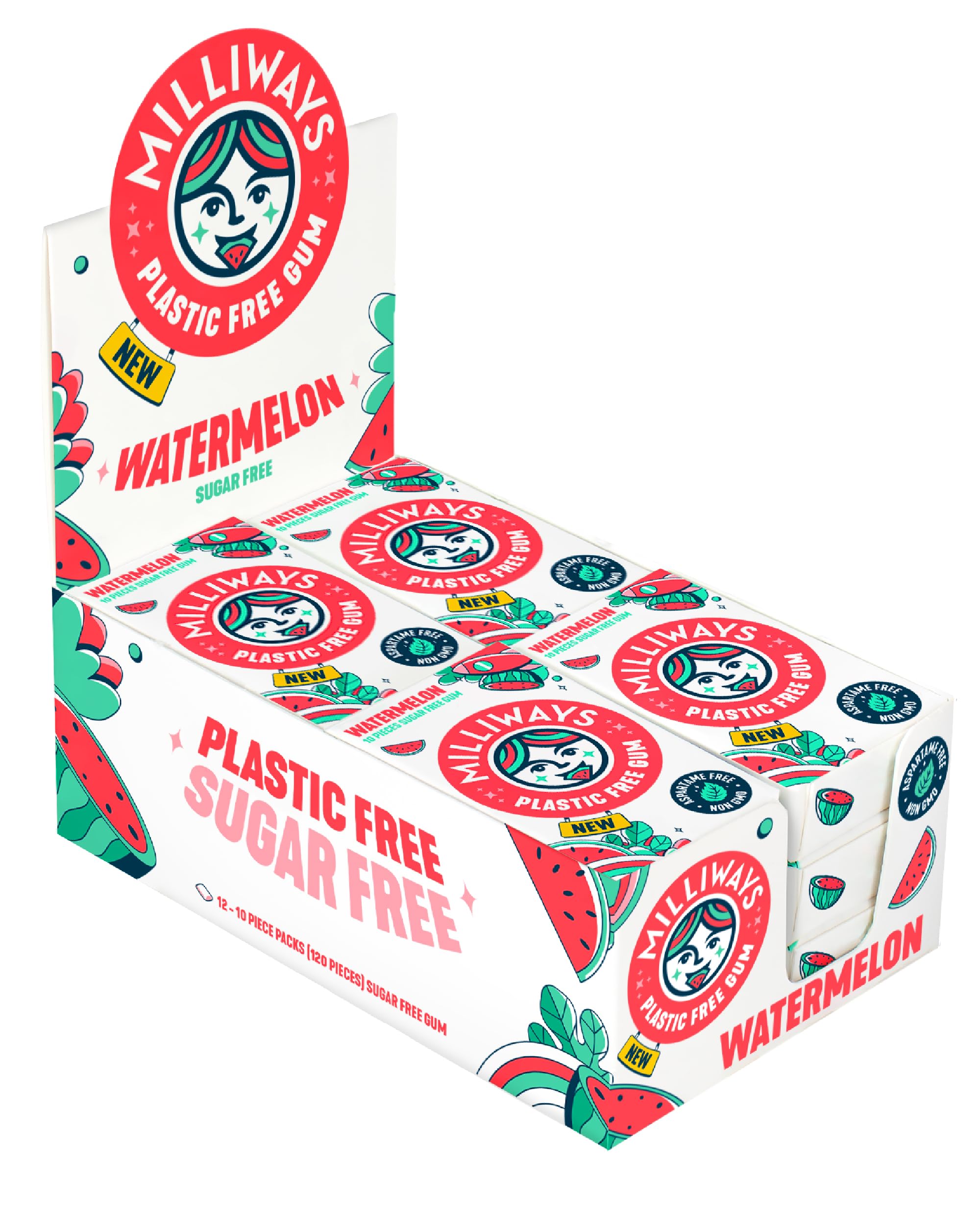 Milliways Watermelon | Plastic Free Gum | Xylitol, Aspartame-Free, Sugar-Free, Plant-Based, Natural Chewing Gum | 120 Pieces Total (12 Packs of 10