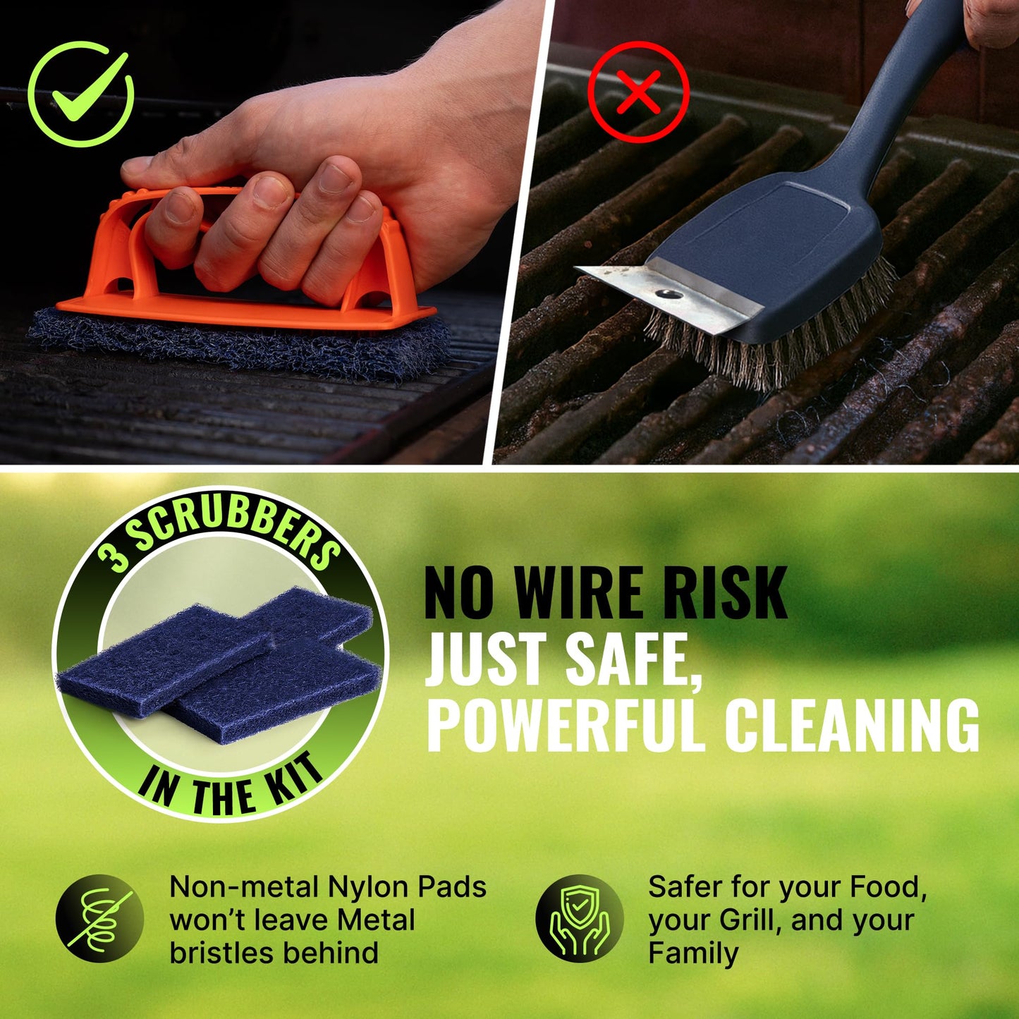 CitruSafe Grill Cleaning Kit - BBQ Grill Cleaner (16oz) and BBQ Grill Scrubber with 3 Heavy Duty Replaceable Scrubber Pads - Formulated to Safely