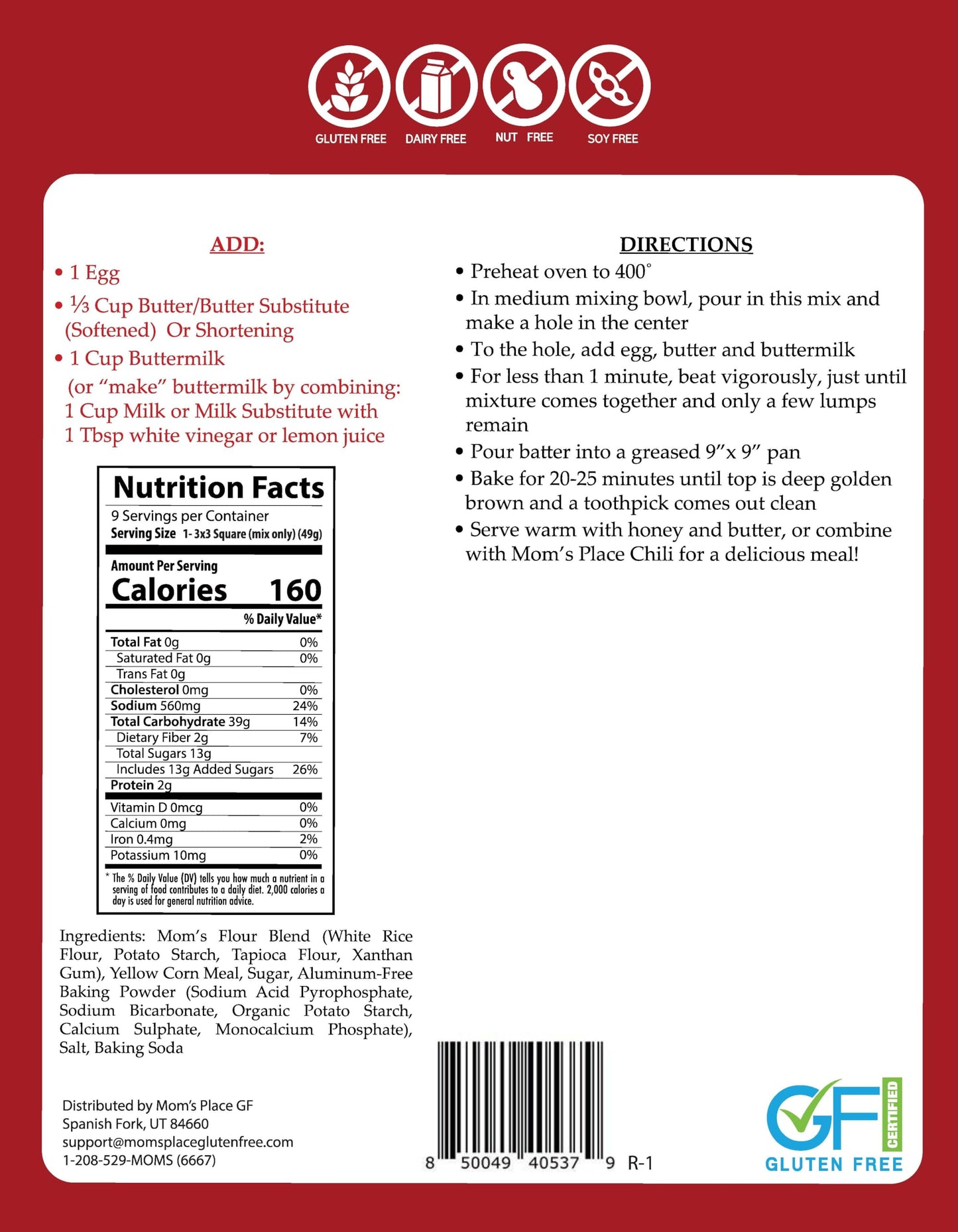 Mom's Place Gluten-Free Cornbread Mix - Dairy Free, Nut Free & Soy Free, 15.4 oz