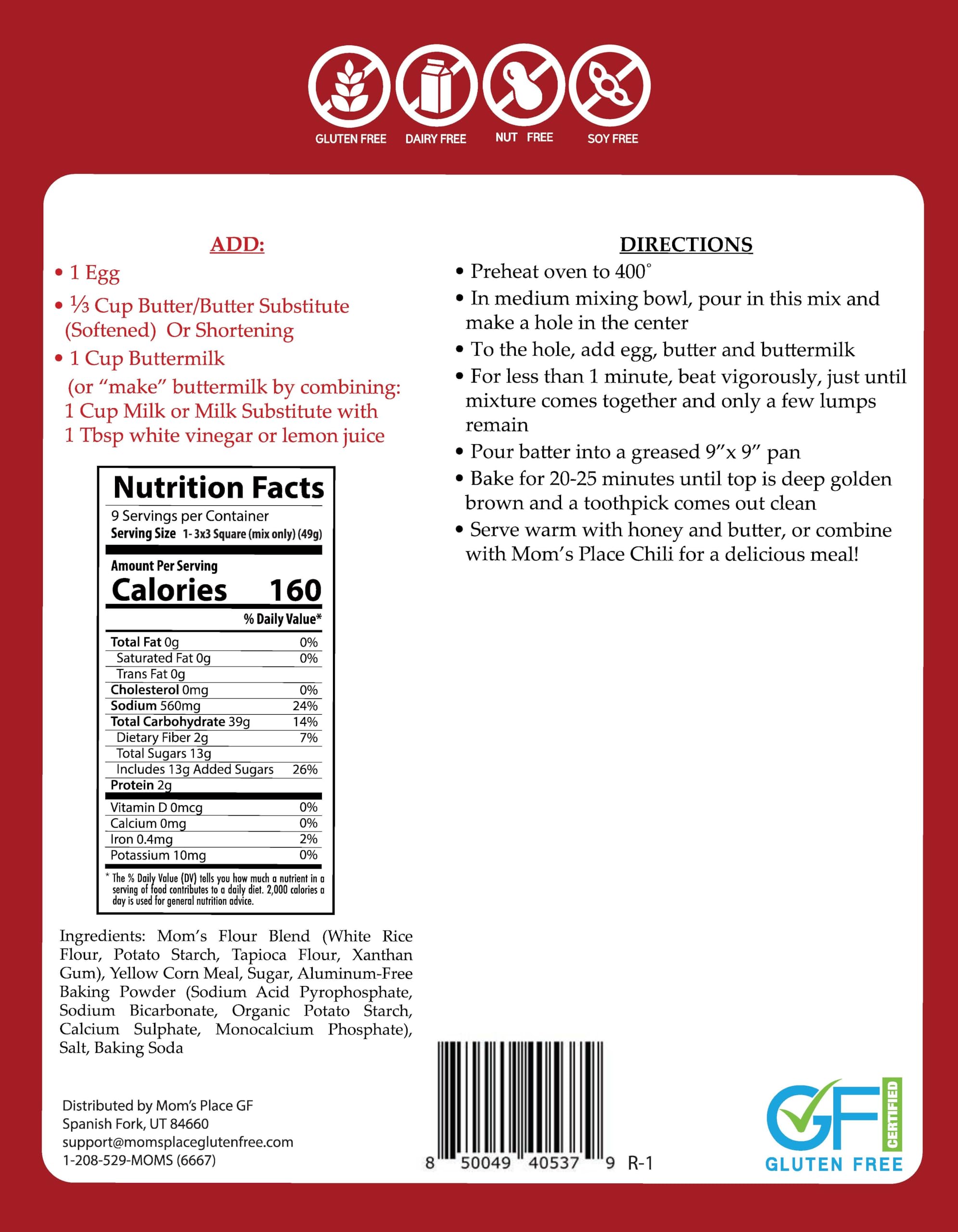 Mom's Place Gluten-Free Cornbread Mix - Dairy Free, Nut Free & Soy Free, 15.4 oz