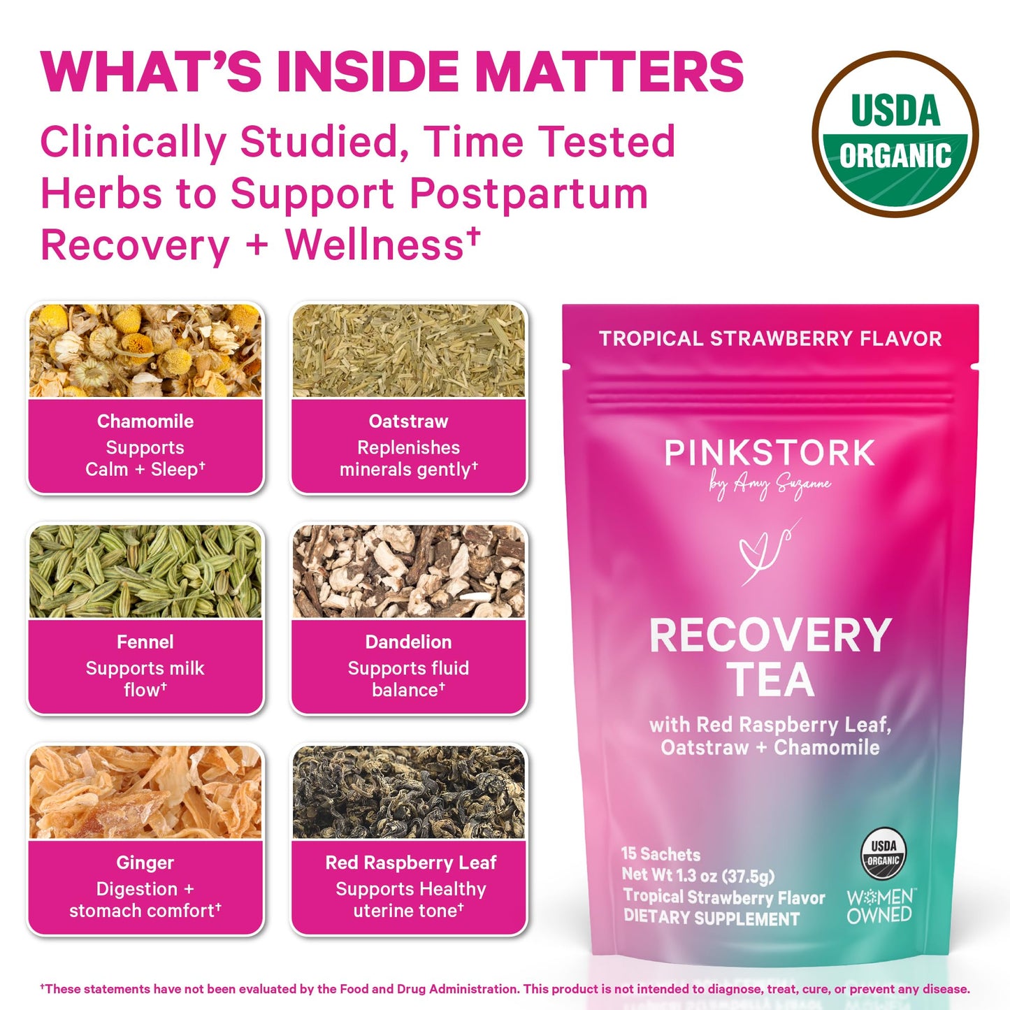 Pink Stork Postpartum Recovery® Herbal Tea, Organic Red Raspberry Leaf with Chamomile, Hormone Balance for Women After Labor & Delivery, Strawberry
