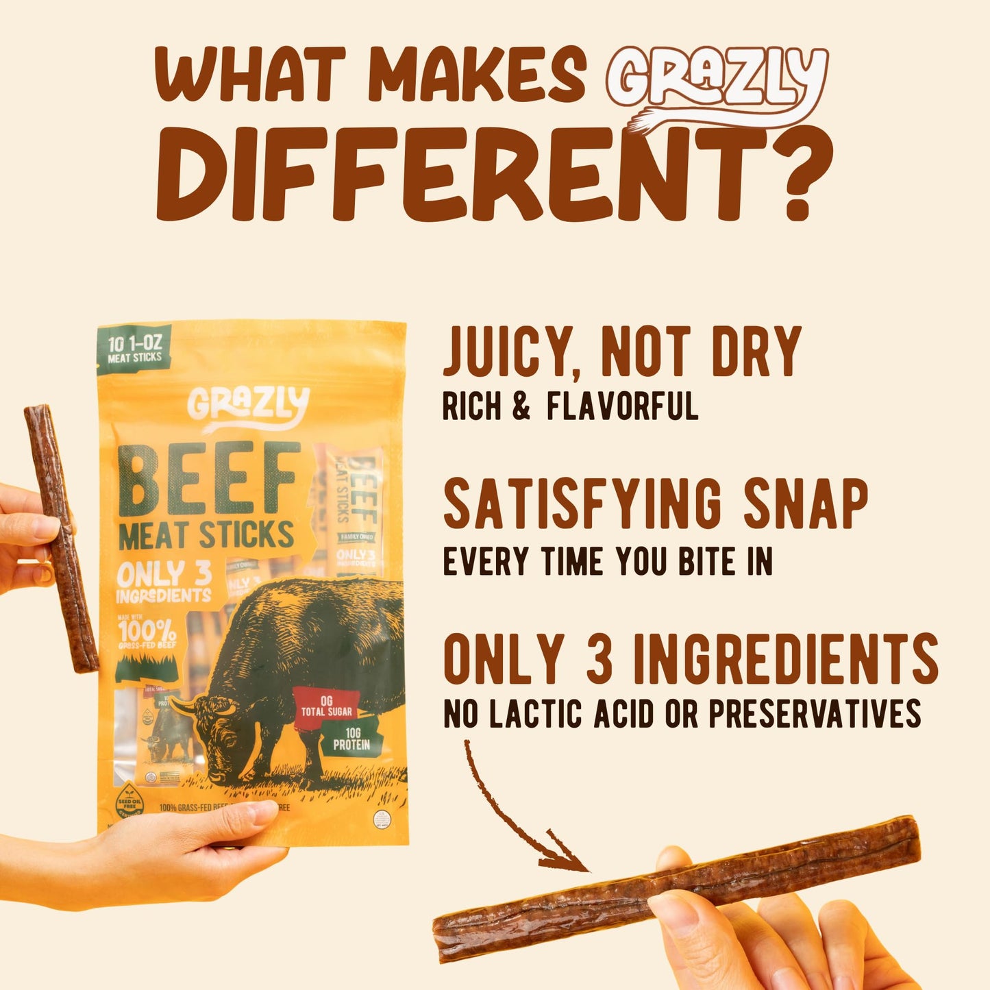 Grazly Grass-Fed Beef Sticks - Made with Only Beef, Spring Salt & Collagen Casing - Clean, High-Protein Jerky Sticks w/ 10g Protein Per Stick (1 oz