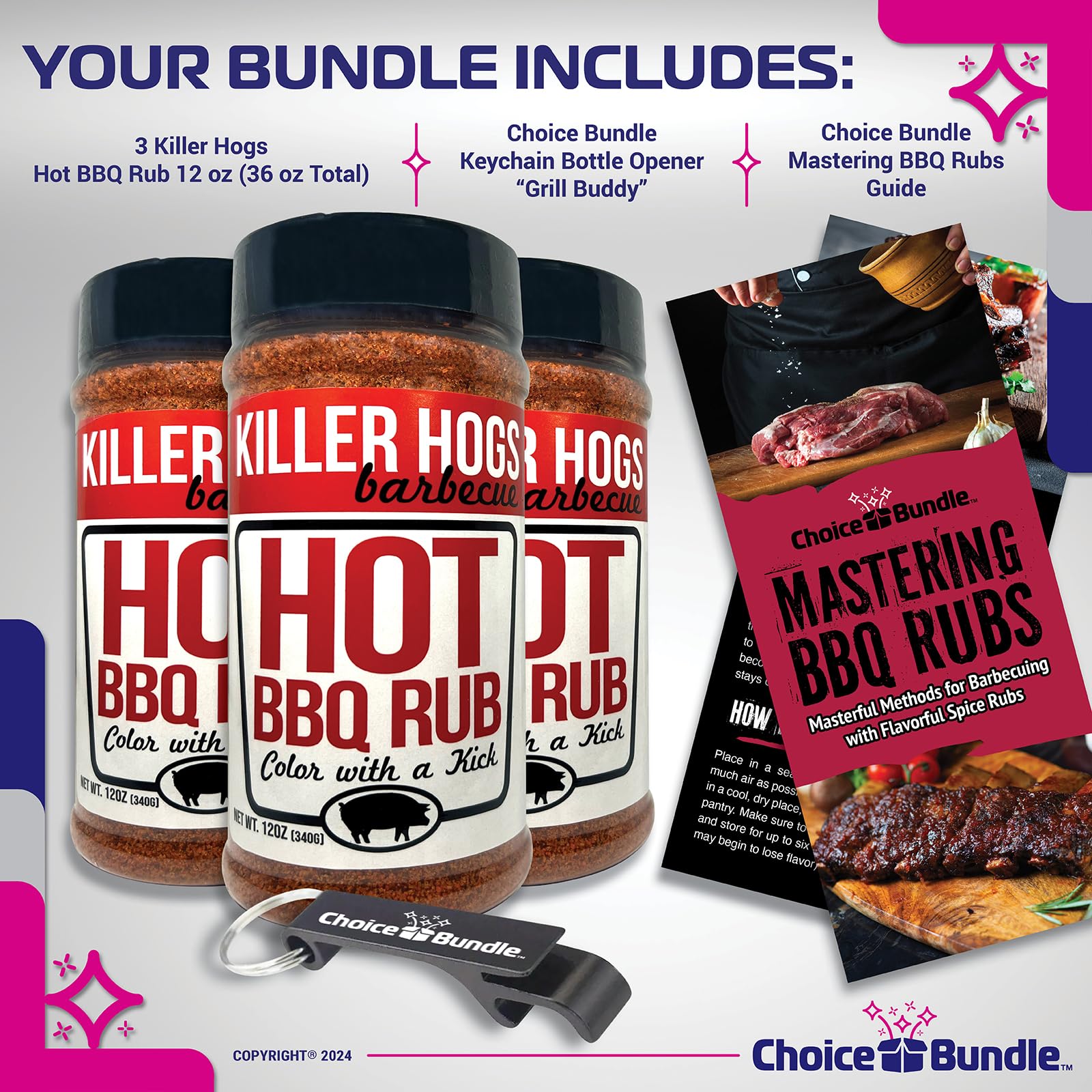 Killer Hogs Hot BBQ Rub Premium Barbecue Rub & Seasoning 3 pk (36 oz) + Guide & Bottle Opener (5 Items)!