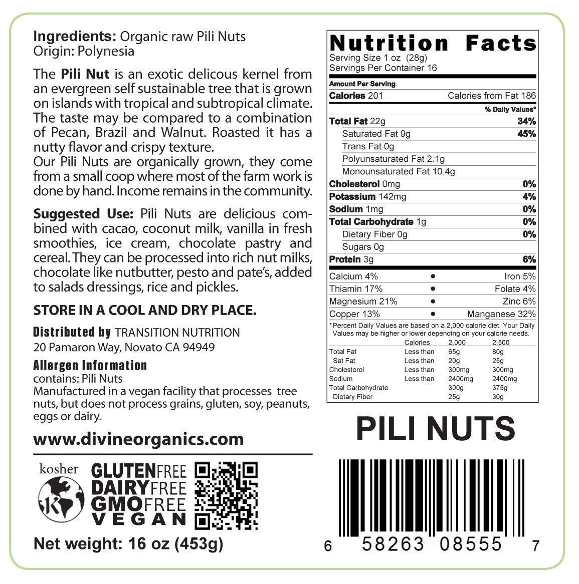Divine Organics Raw Polynesian Pili Nuts 16 oz.