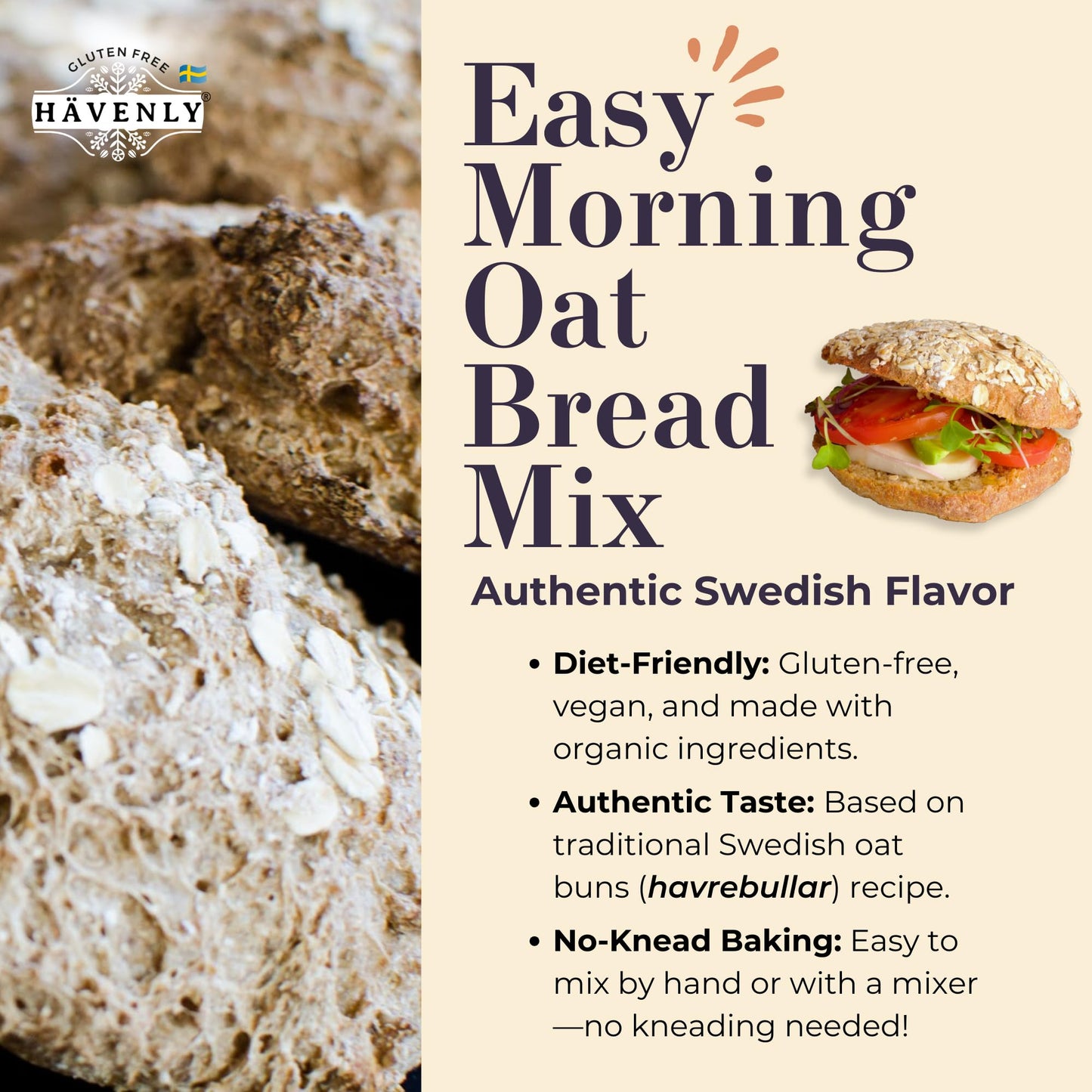 Havenly Morning Oat Bread Mix 18.5 oz. Gluten Free Flour | Vegan, Dairy, Nut, Soy Free | No Knead - Easy to Make | High Fiber, Whole Grain, Gluten Free Organic Oat and Buckwheat flour Ingredients | Baking Yeast Included