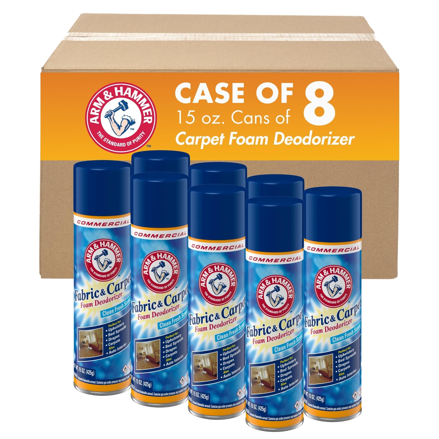 Arm and Hammer Fabric and Carpet Foam Deodorizer Professional, Aerosol, Fresh Scent, 15 fl oz (Case of 8)