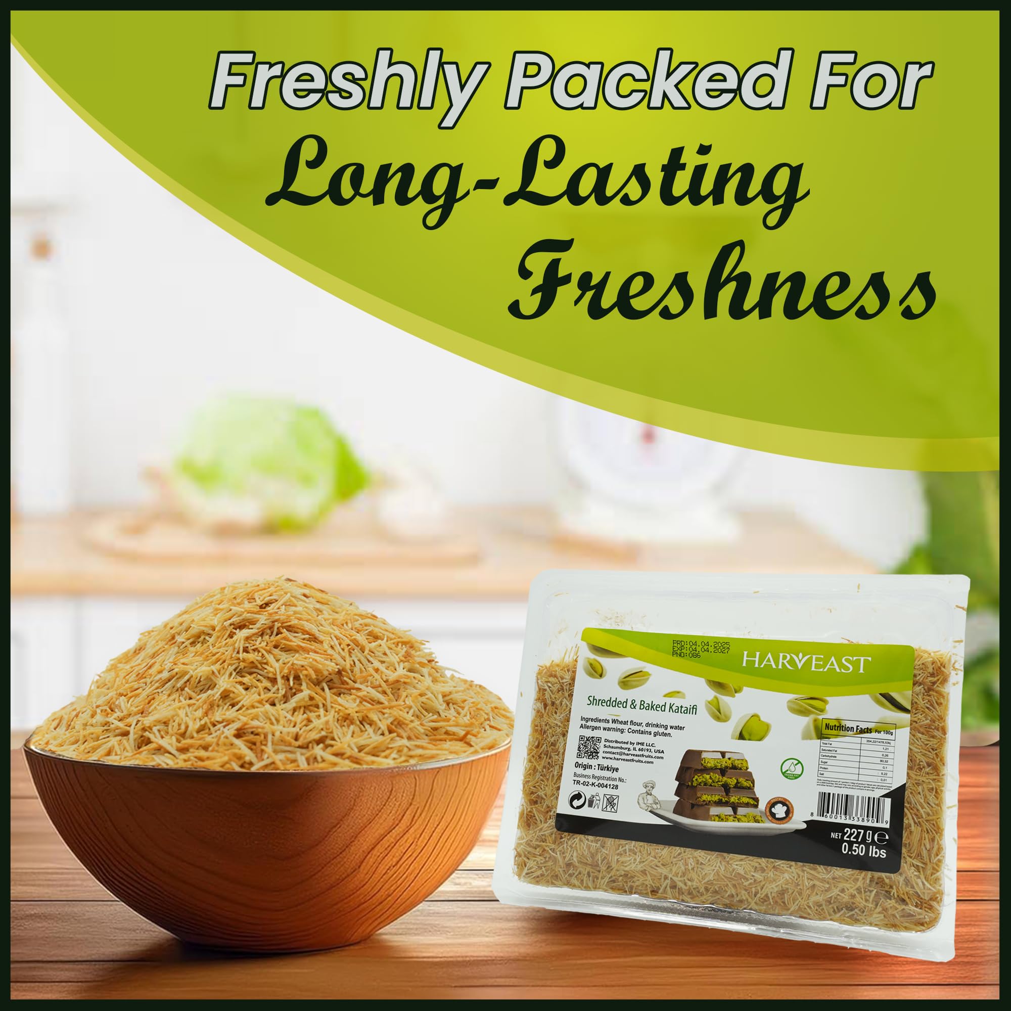 Harveast Shredded & baked Kataifi (kadayif) 8 Ounces (227g), Ready to use Roasted Kataifi for Dubai chocolate, Knafeh, Kunafa, Pistachio Chocolate