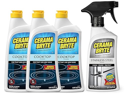Cerama Bryte Stainless Steel Appliance Cleaner & Removes Tough Stains Cooktop and Stove Top Cleaner for Glass - Ceramic Surfaces, 16 & 18 Ounces, 3-18