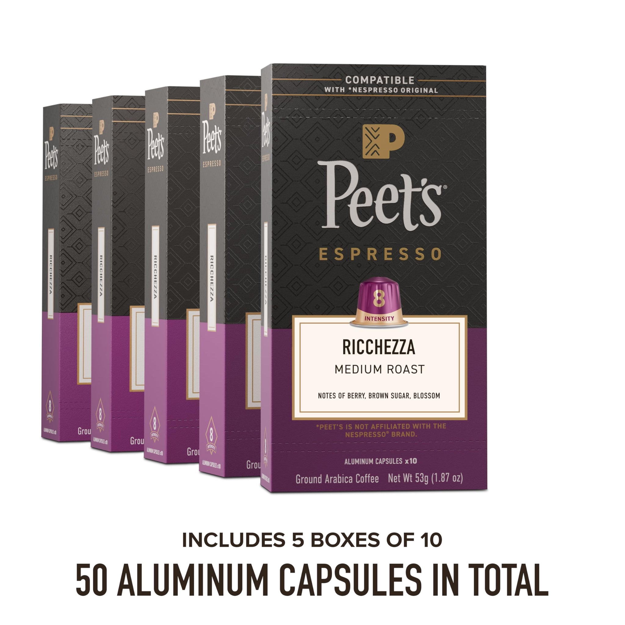 Peet's Coffee, Medium Roast Espresso Capsules, Compatible with Nespresso Original Machine, 100% Arabica Coffee - Ricchezza Intensity 8, 50 Count (5