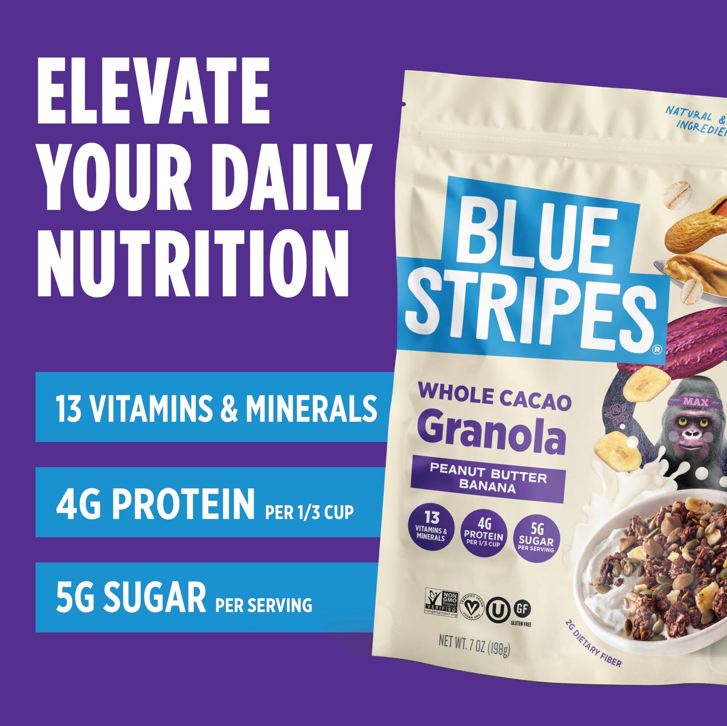 Blue Stripes Whole Cacao Granola - Gluten Free Dark Chocolate Granola for Cereal, Oatmeal, Yogurt, 5g Protein Per Serving, Source of Fiber, Vegan, Low