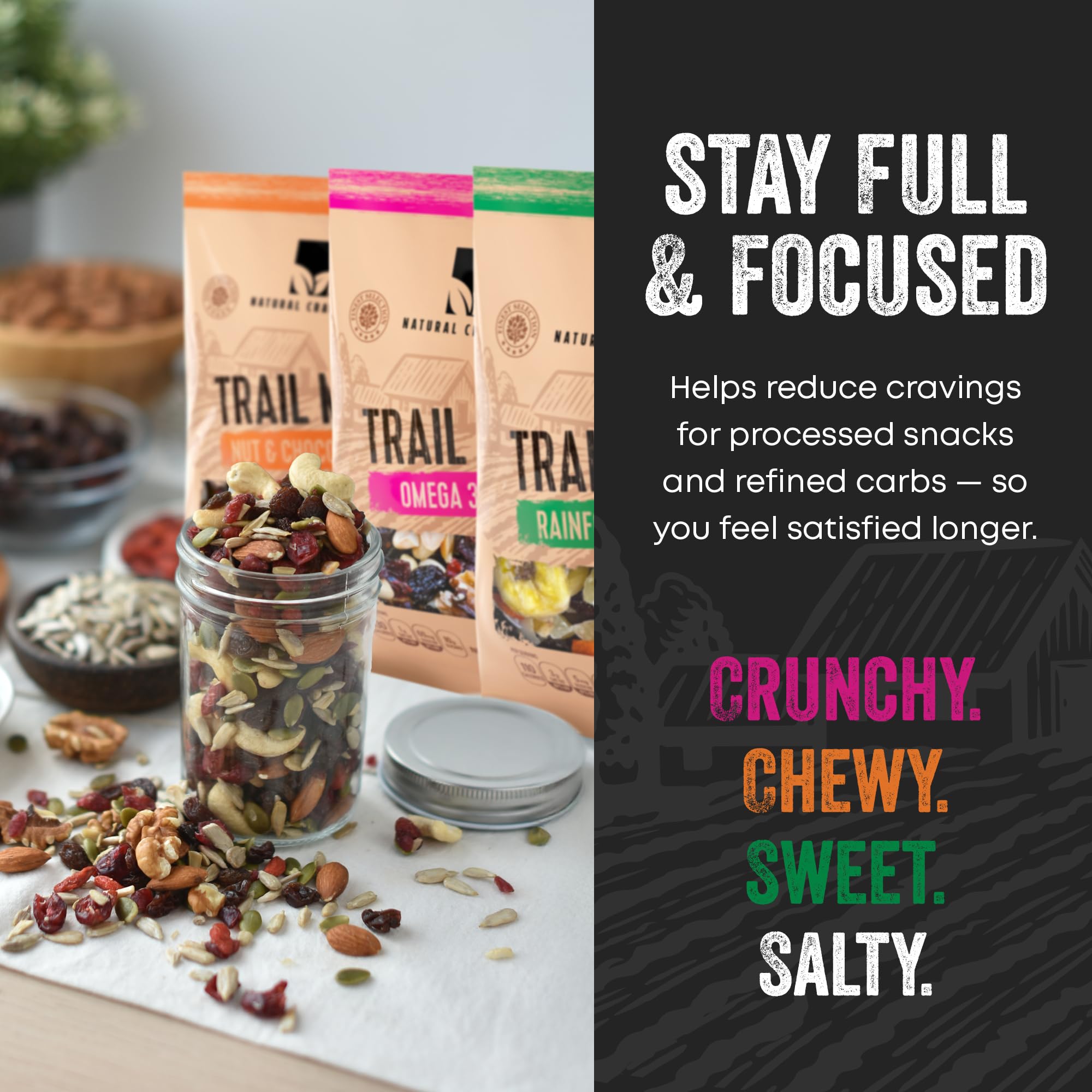 Natural Cravings Trail Mix Snack Packs Variety - 5 Bags - Dried Fruit Mix & Nuts Mix with Chocolate Chips, Peanuts, Cranberries, Raisins, Walnuts