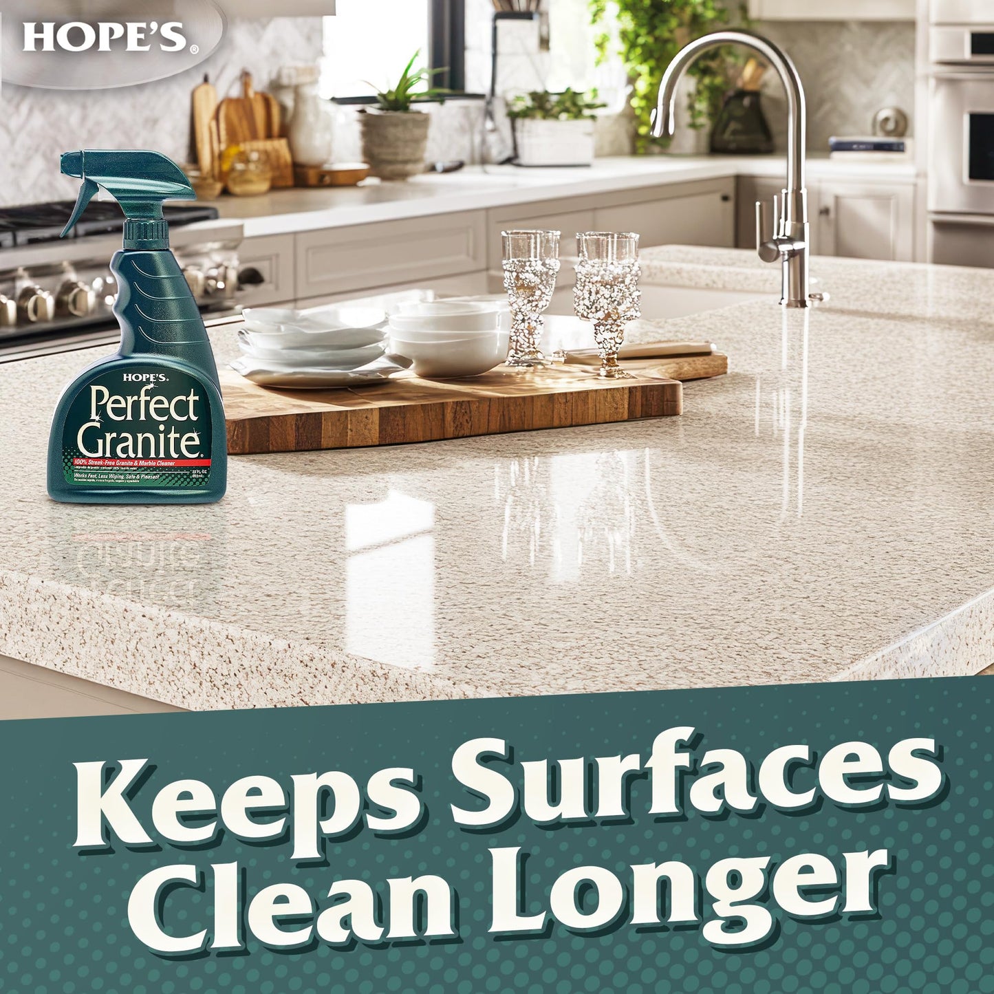HOPE'S Perfect Granite & Marble Countertop Cleaner with Microfiber Cloth, Stain Remover and Polish, Streak-Free, Ammonia-Free, 22 Ounce, Pack of 1
