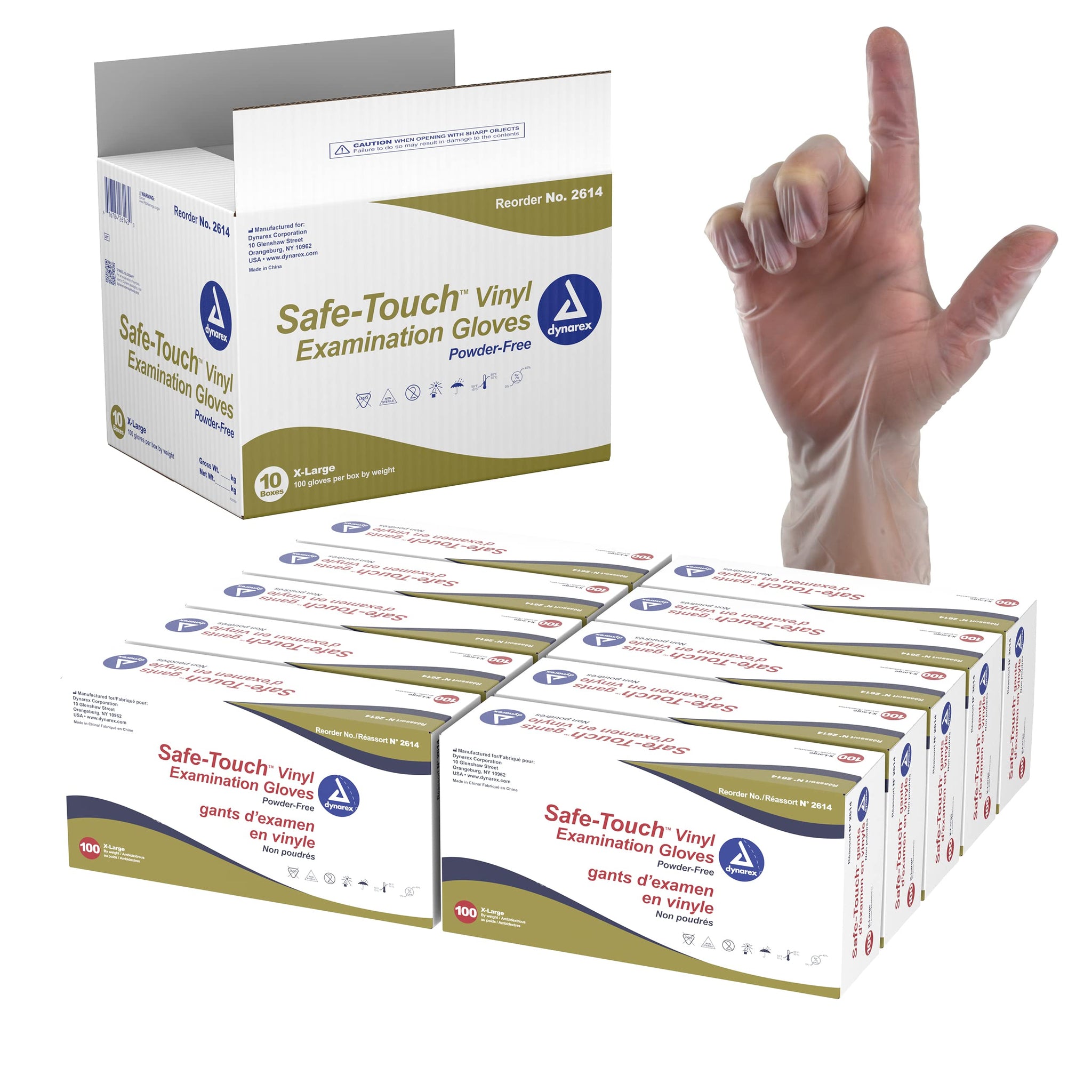 Dynarex Safe-Touch Vinyl Disposable Exam Gloves, Powder-Free, Food Safety and Compliance, Ambidextrous, Clear, X-Large, 1 Case, 10 Boxes of 100 Gloves