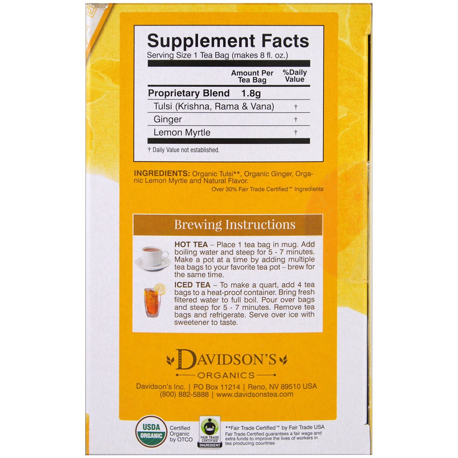 Davidson's Organic Tulsi Ginger Lemon Herbal Tea, 25 Caffeine-Free Teabags, 1.58 oz, 5.6 x 3.3 x 3 inches
