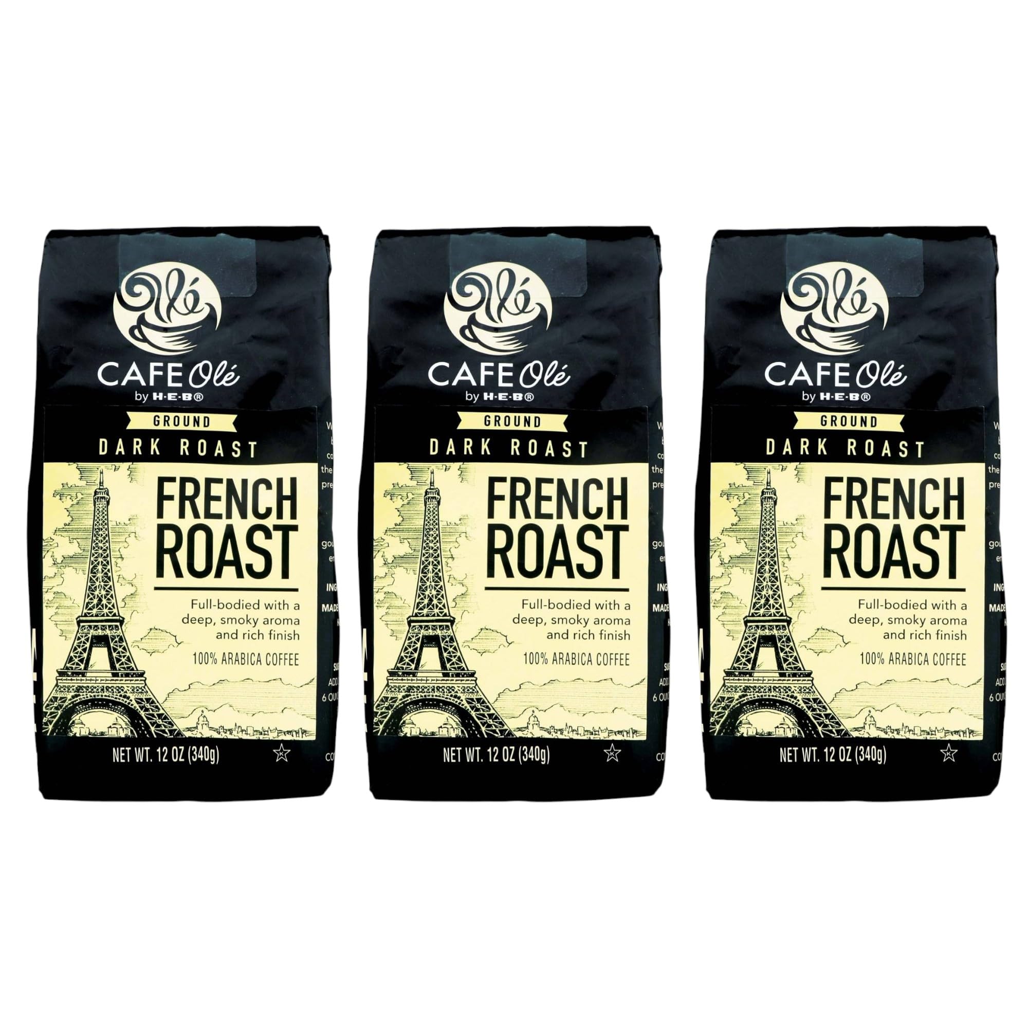 CAFE Ole French Roast Ground Coffee, Dark Roast, 100% Arabica, 12 oz, by H-E-B (Pack of 3)