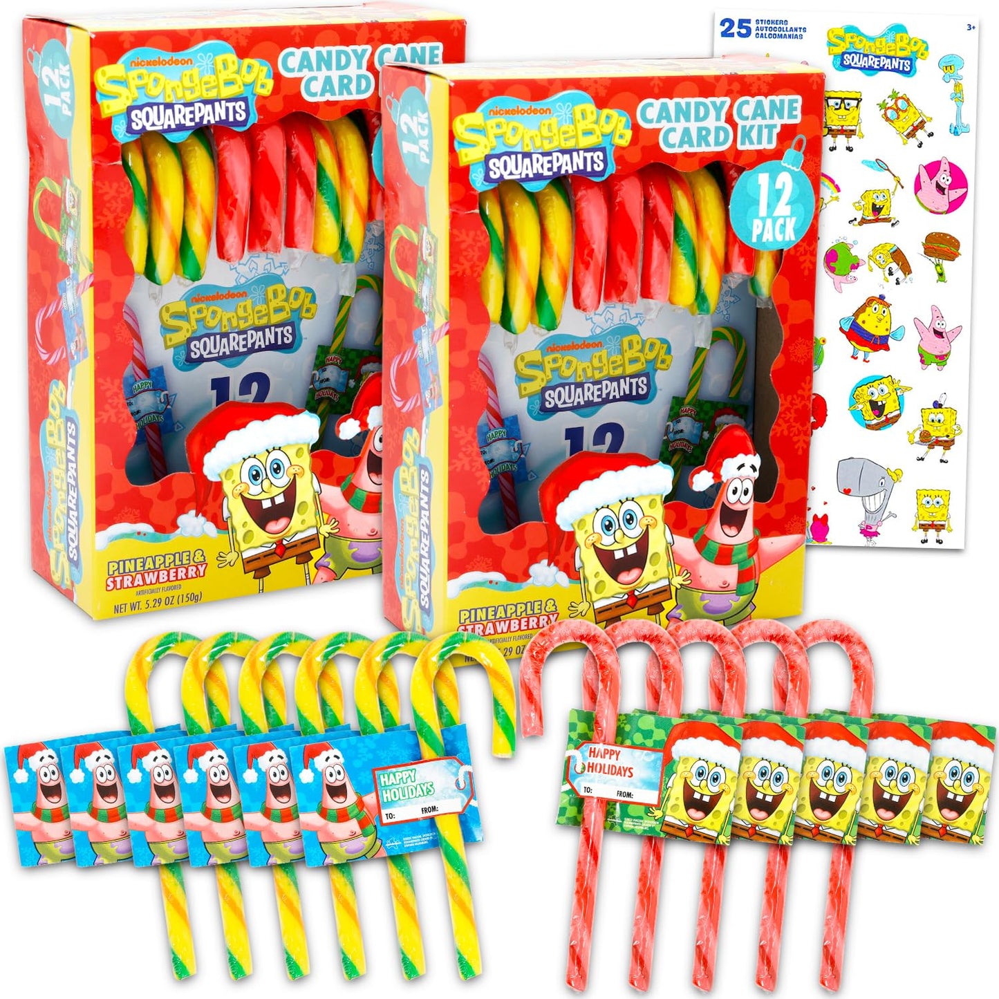 Spongebob Squarepants Candy Cane Stocking Stuffers - Bundle with 24 Flavored Candy Canes Plus To/From Cards and Stickers | Spongebob Individually