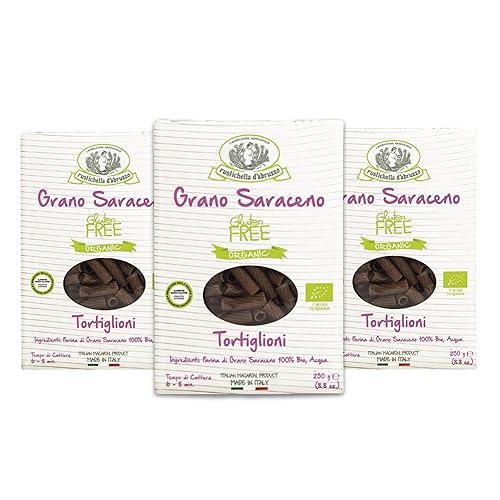 Rustichella d'Abruzzo Organic Buckwheat Tortiglioni (Pack of 3), 250g Each - Gluten-Free Pasta with Distinct Buckwheat Flavor - Artisan Pasta from