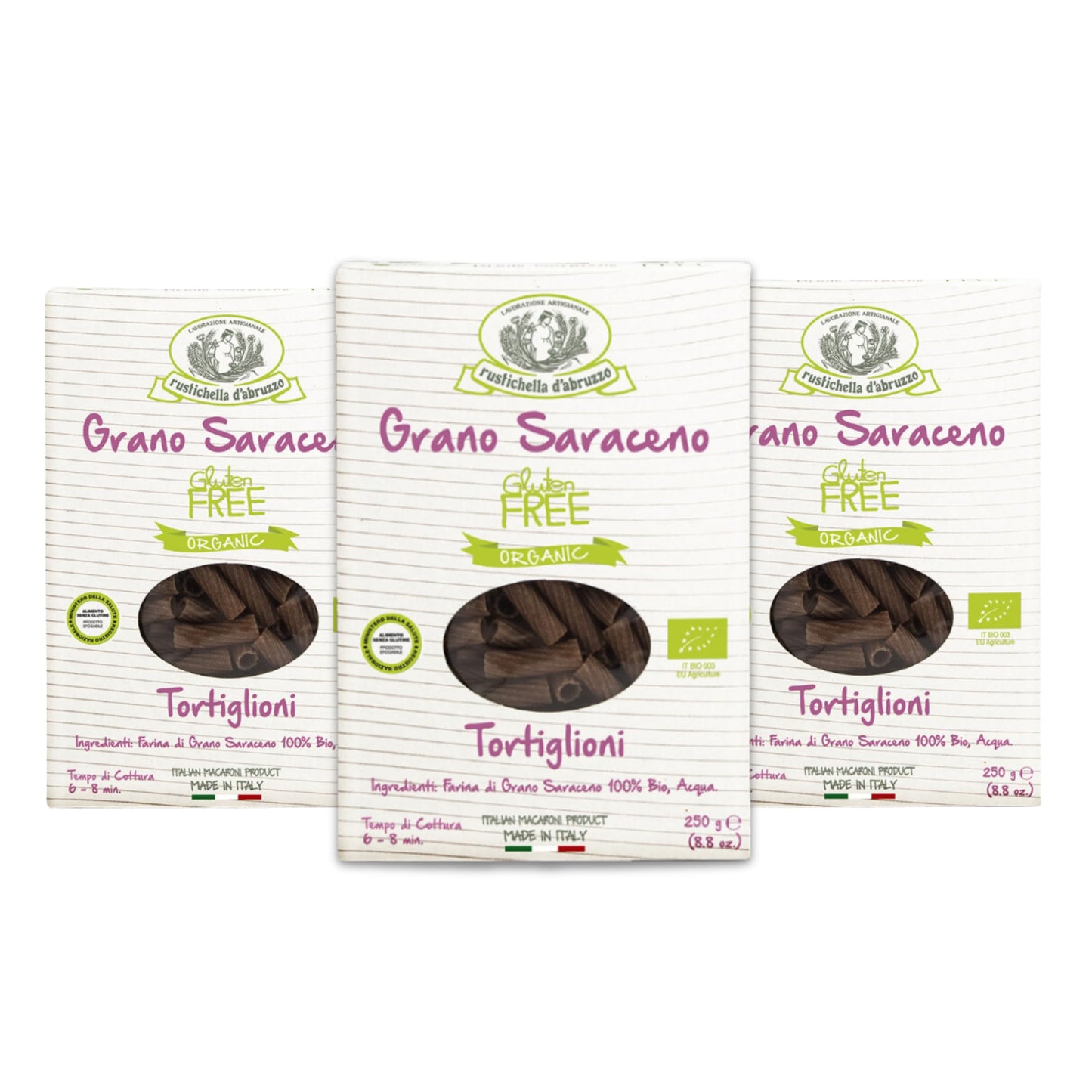 Rustichella d'Abruzzo Organic Buckwheat Tortiglioni (Pack of 3), 250g Each - Gluten-Free Pasta with Distinct Buckwheat Flavor - Artisan Pasta from