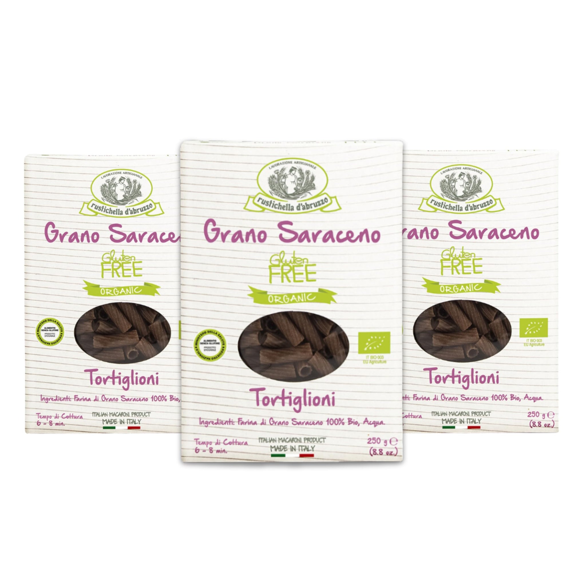 Rustichella d'Abruzzo Organic Buckwheat Tortiglioni (Pack of 3), 250g Each - Gluten-Free Pasta with Distinct Buckwheat Flavor - Artisan Pasta from