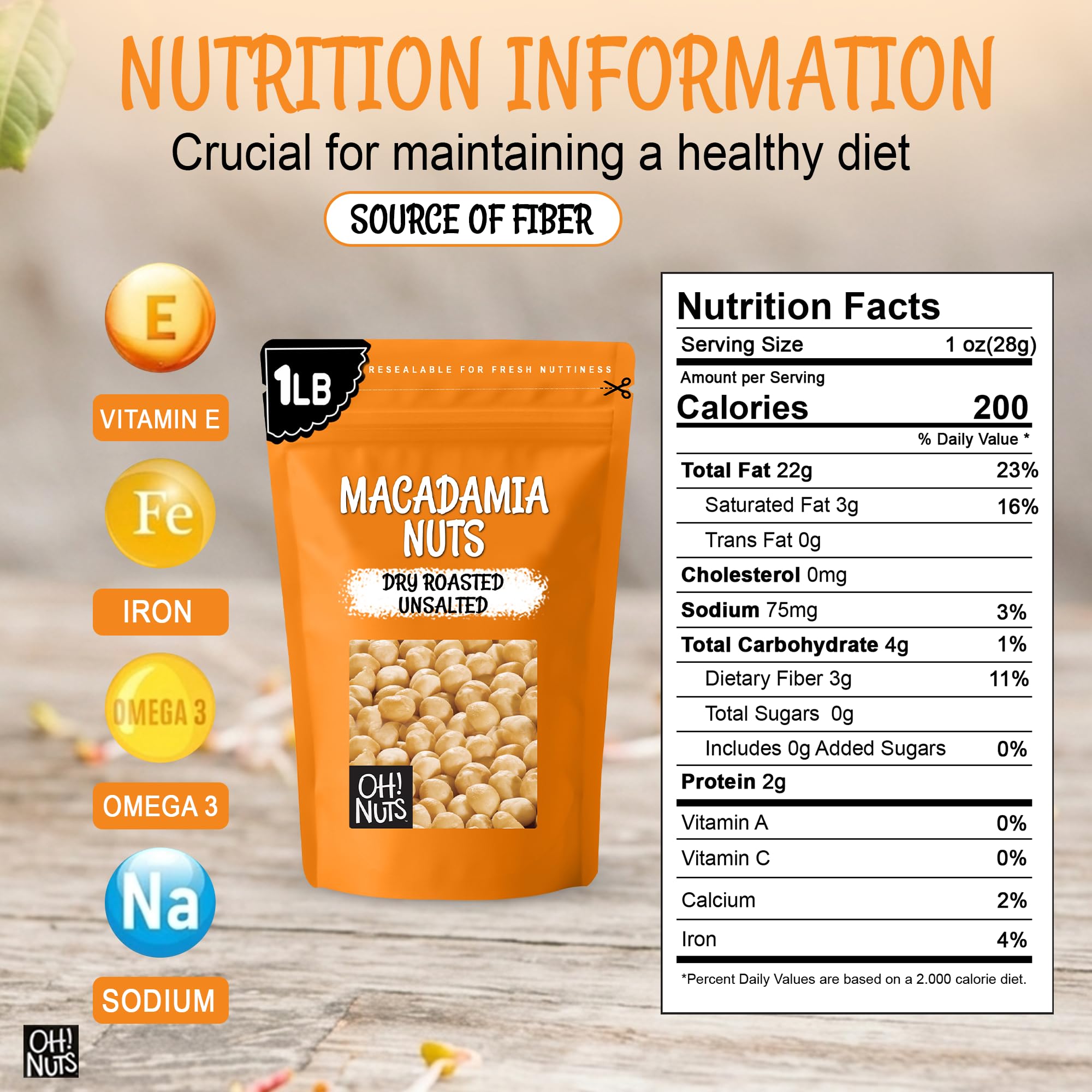 Oh! Nuts Macadamia Nuts - 1 lb - Dry Roasted Unsalted Macadamia Nuts - Oven Roasted - No Oil - Packed in New York Zip-Seal Bag for Exceptional