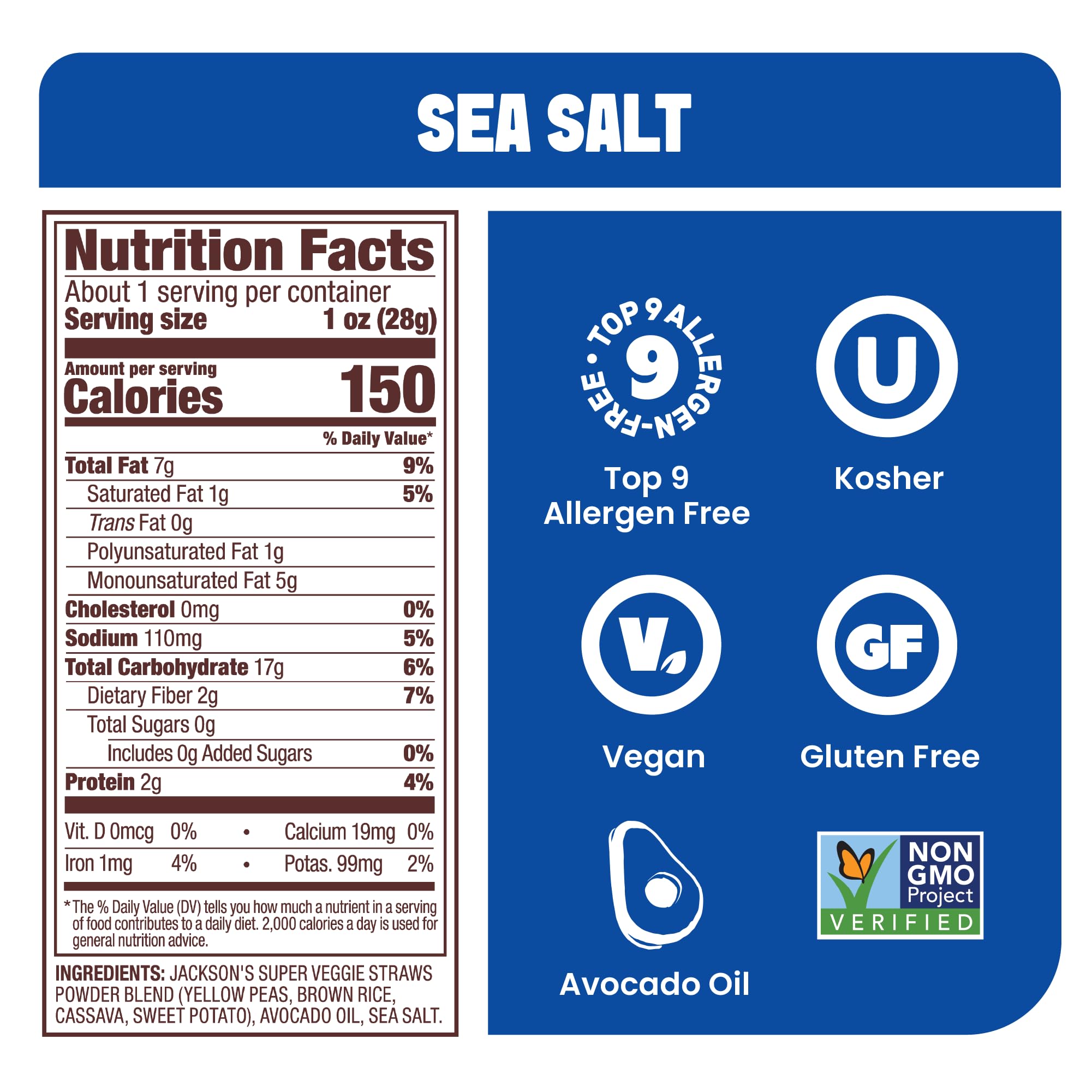 Jackson’s Super Veggie Straws™ (Sea Salt, 1 oz, Pack of 10) - Gluten Free, Vegan, Snacks for Kids & Adults - Made with Avocado Oil