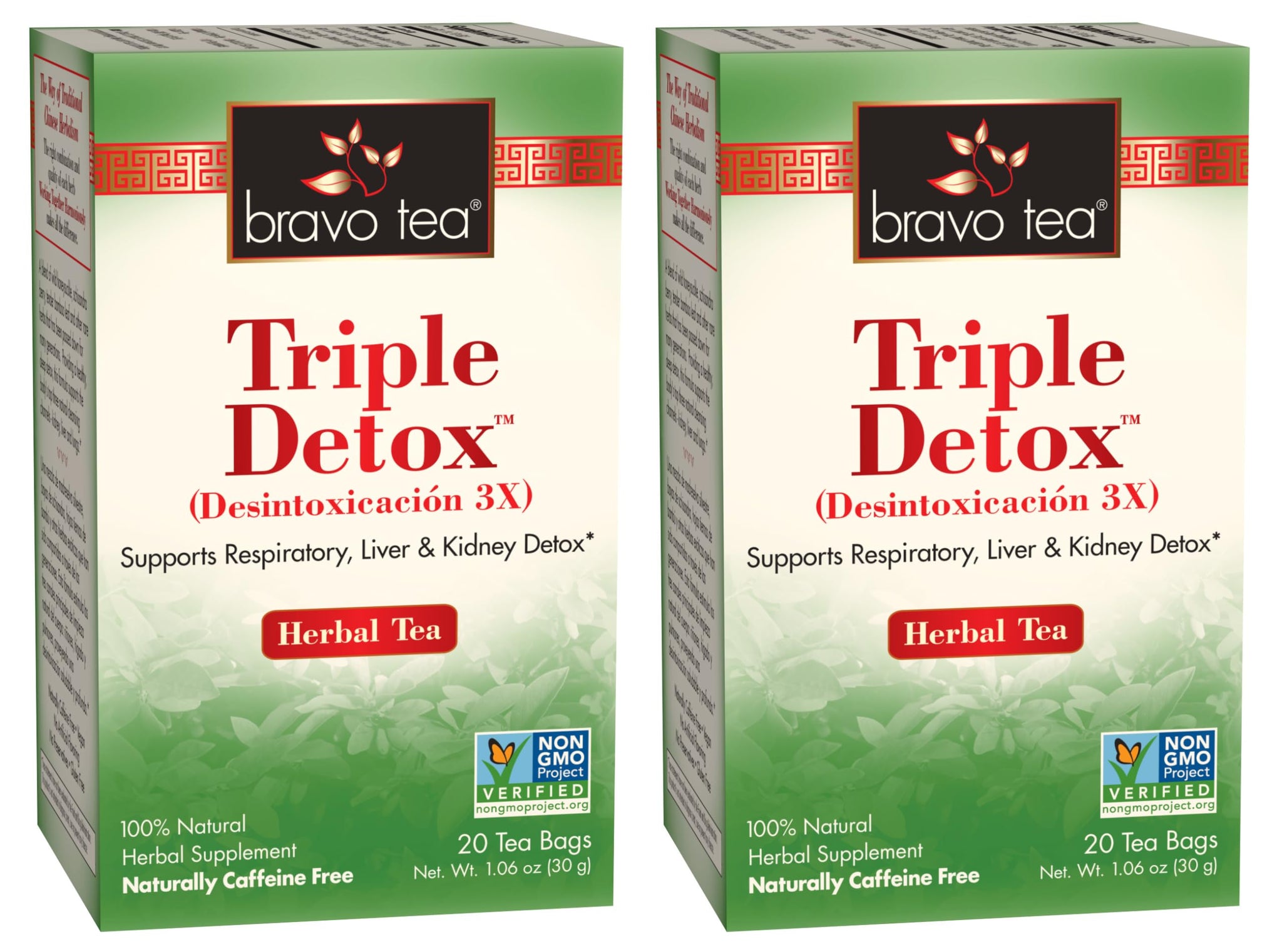 Bravo Tea Triple Detox Herbal Tea Caffeine Free, 20 Tea Bags, 2 Count