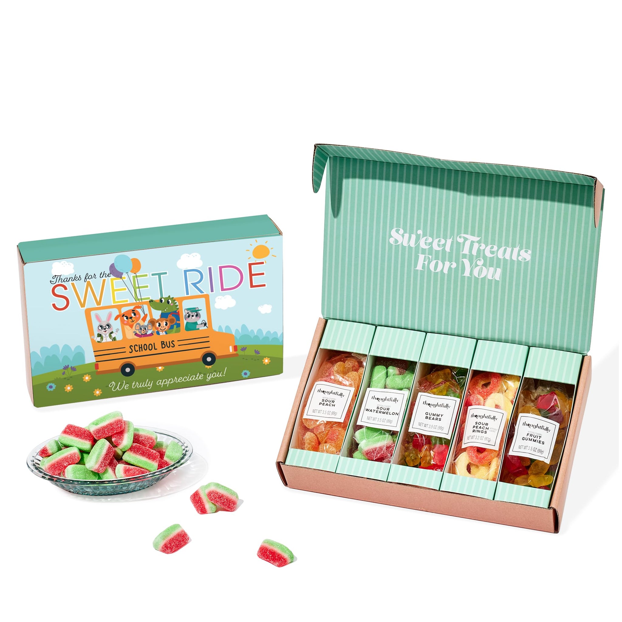 Thoughtfully, Bus Driver Appreciation Gummies Sweet Gift Box, Includes Gummy Bears, Sour Watermelon, Sour Peach Rings, Sour Peach Gummies & Fruit