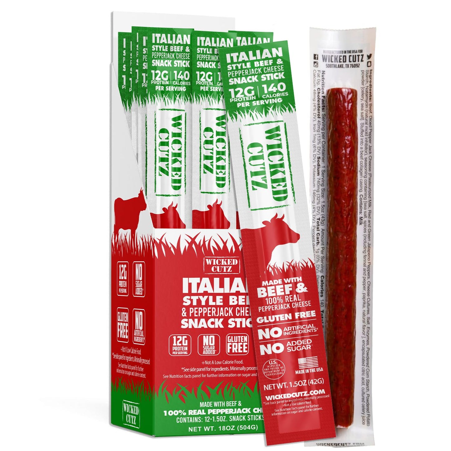 Italian Beef & Cheese Sticks, 12g Protein Per Beef Stick, Tender & Juicy Meat Stick with Real Pepper Jack Cheese, USA Made High Protein Meat Sticks
