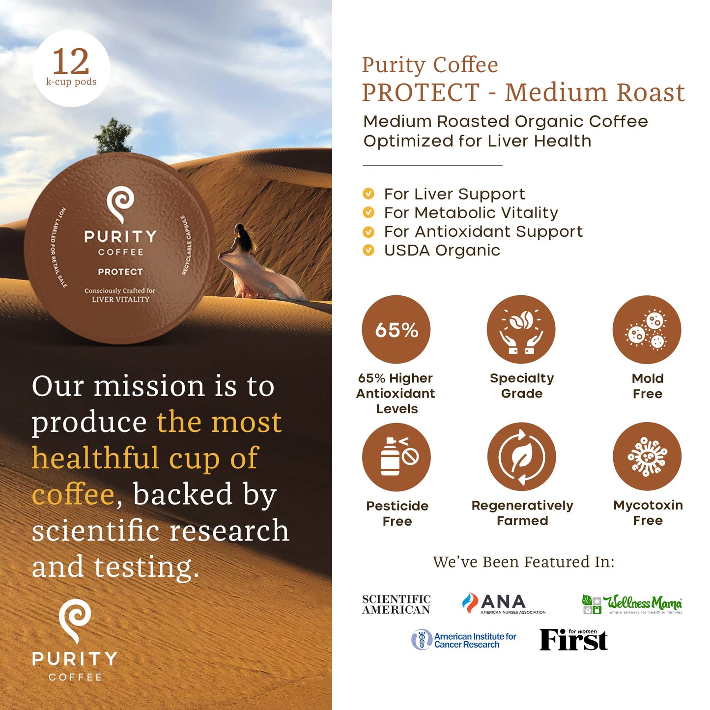 Purity Coffee PROTECT High Antioxidant Light-Medium Roast K Pod Capsules (12ct Box) | Specialty-Grade USDA Organic Arabica Blend | Third Party Tested