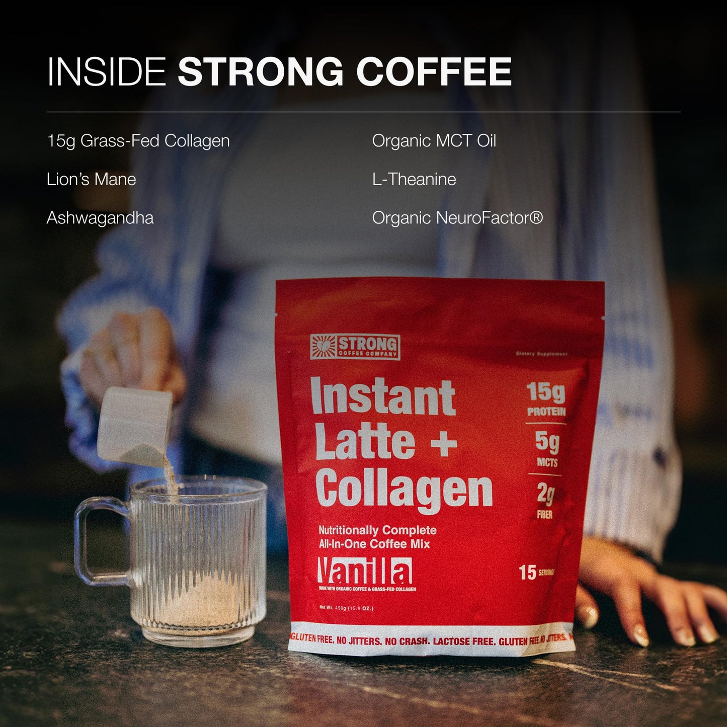 Strong Coffee Co. Vanilla Instant Latte | Organic Coffee with Collagen Protein | Lion’s Mane & L-Theanine | Adaptogens & Nootropics | 15 Servings