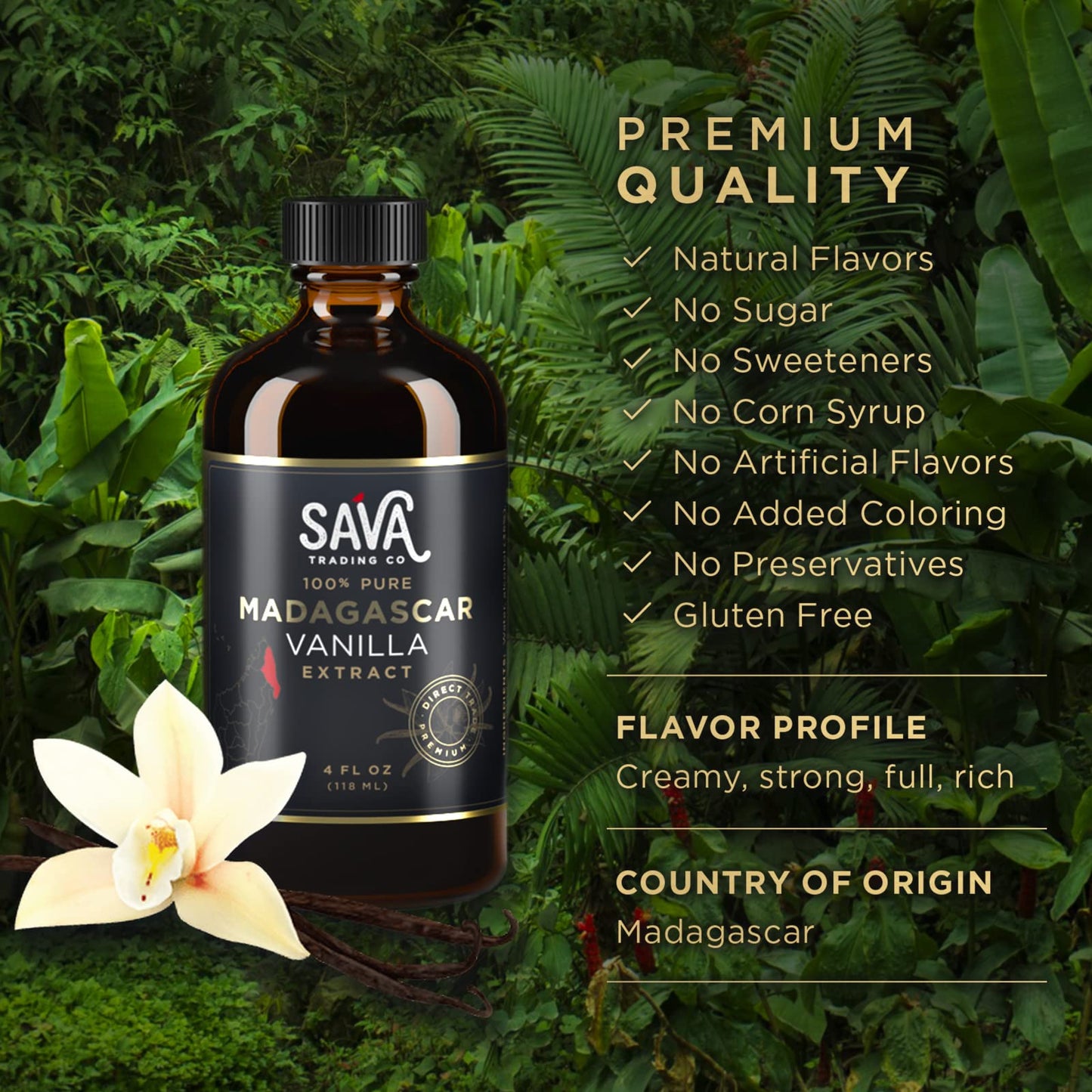 SAVA Madagascar Vanilla Extract - 100% Pure Vanilla Extract from High-Quality Madagascar Vanilla Beans - No Sugar Added Gourmet Vanilla Extract
